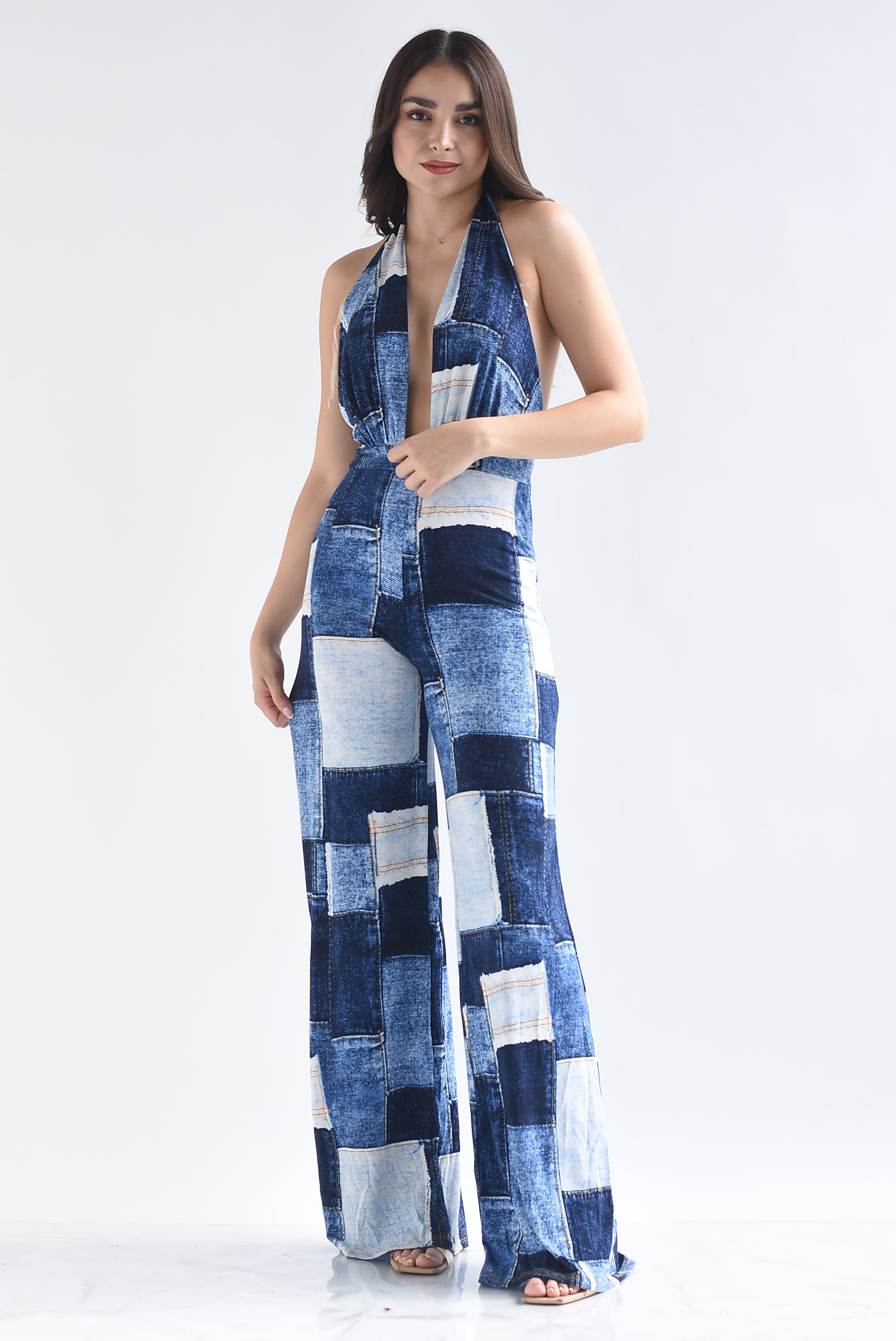 Jumpsuit halter fake denim patchwork