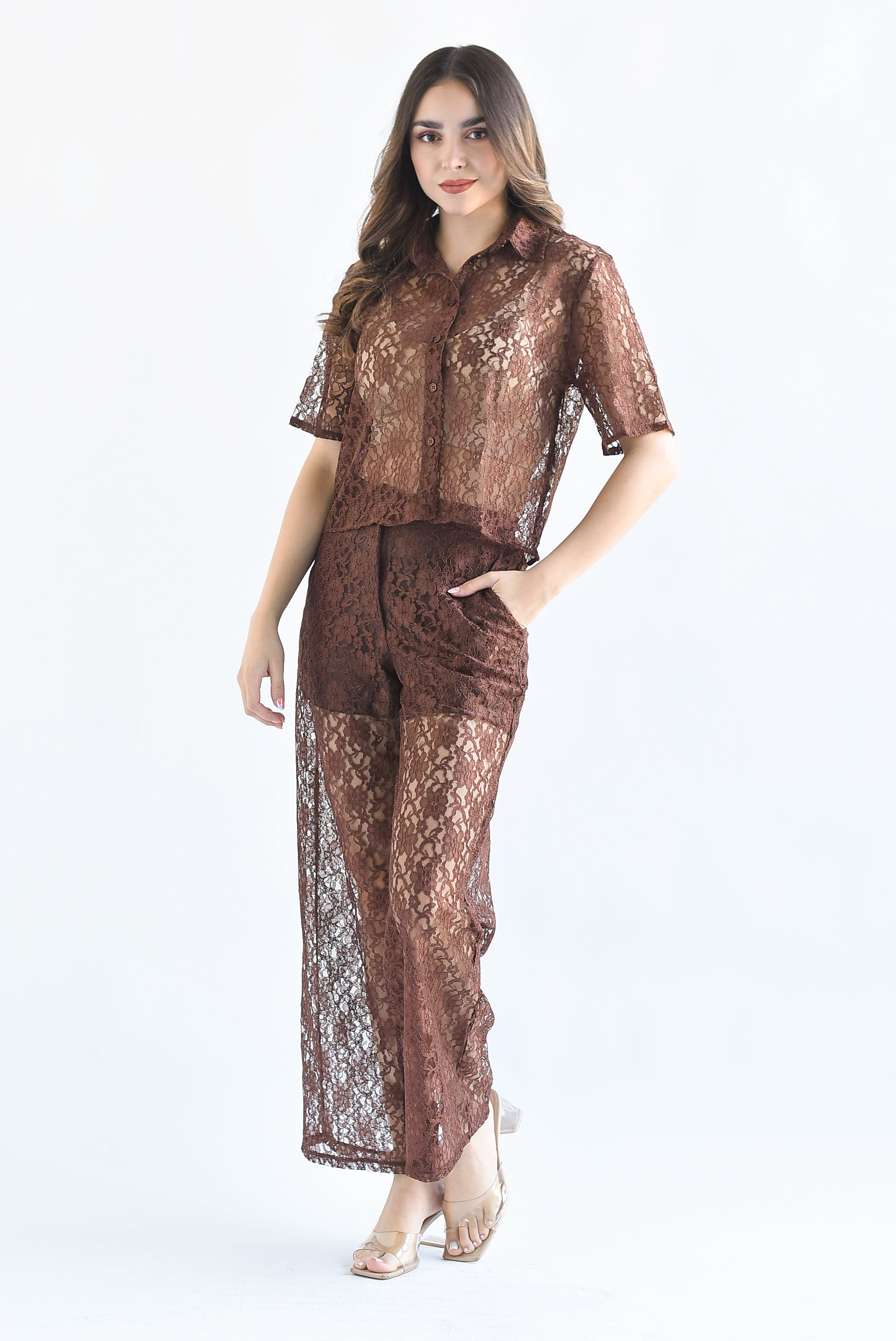 Set Pantalón y Blusa encaje Café