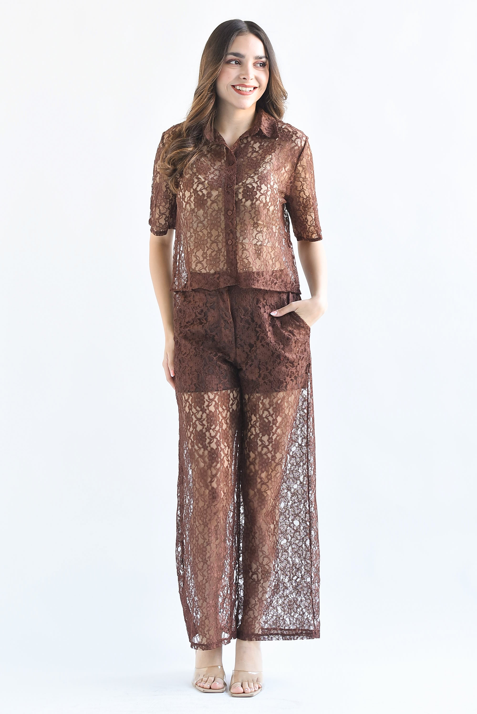 Set Pantalón y Blusa encaje Café