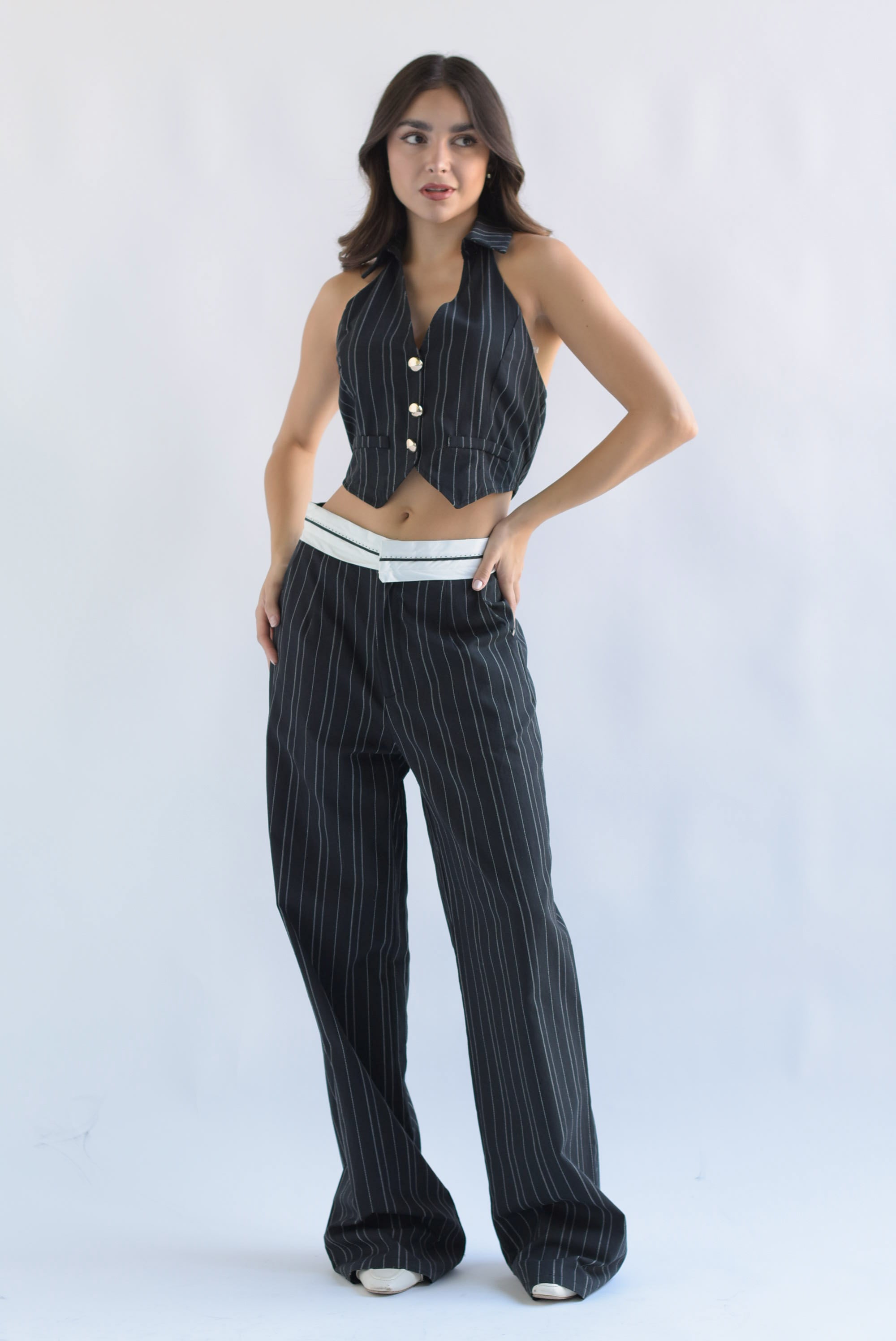 Set Pantalón y Chaleco halter líneas Negro