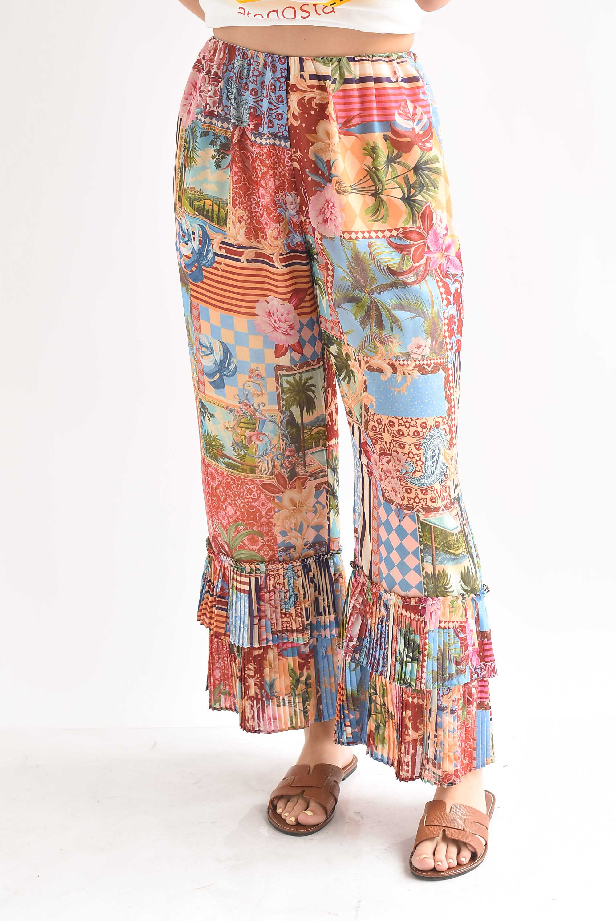 Pantalón olán plisado patchwork tropical