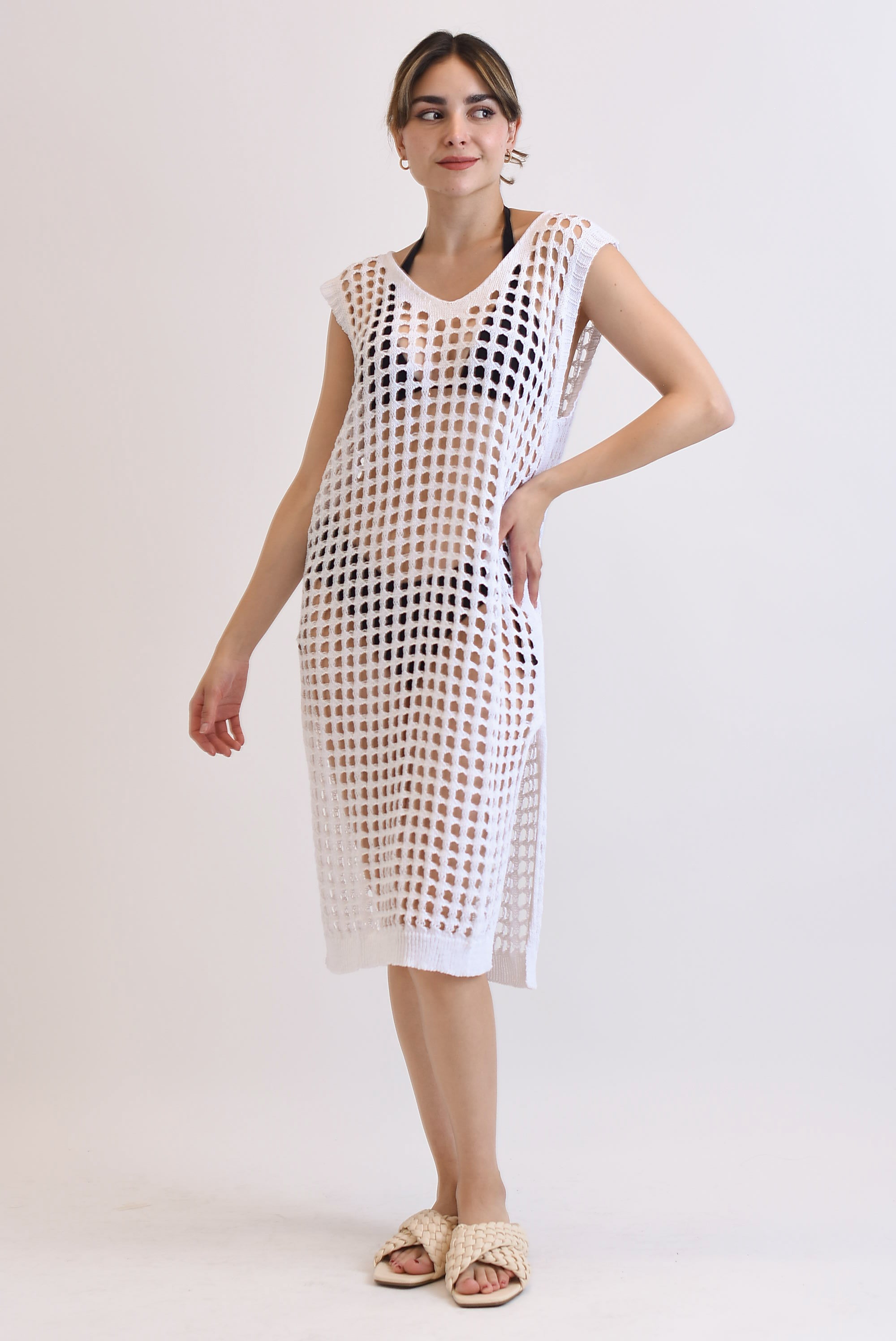 Vestido midi crochet sin manga Blanco