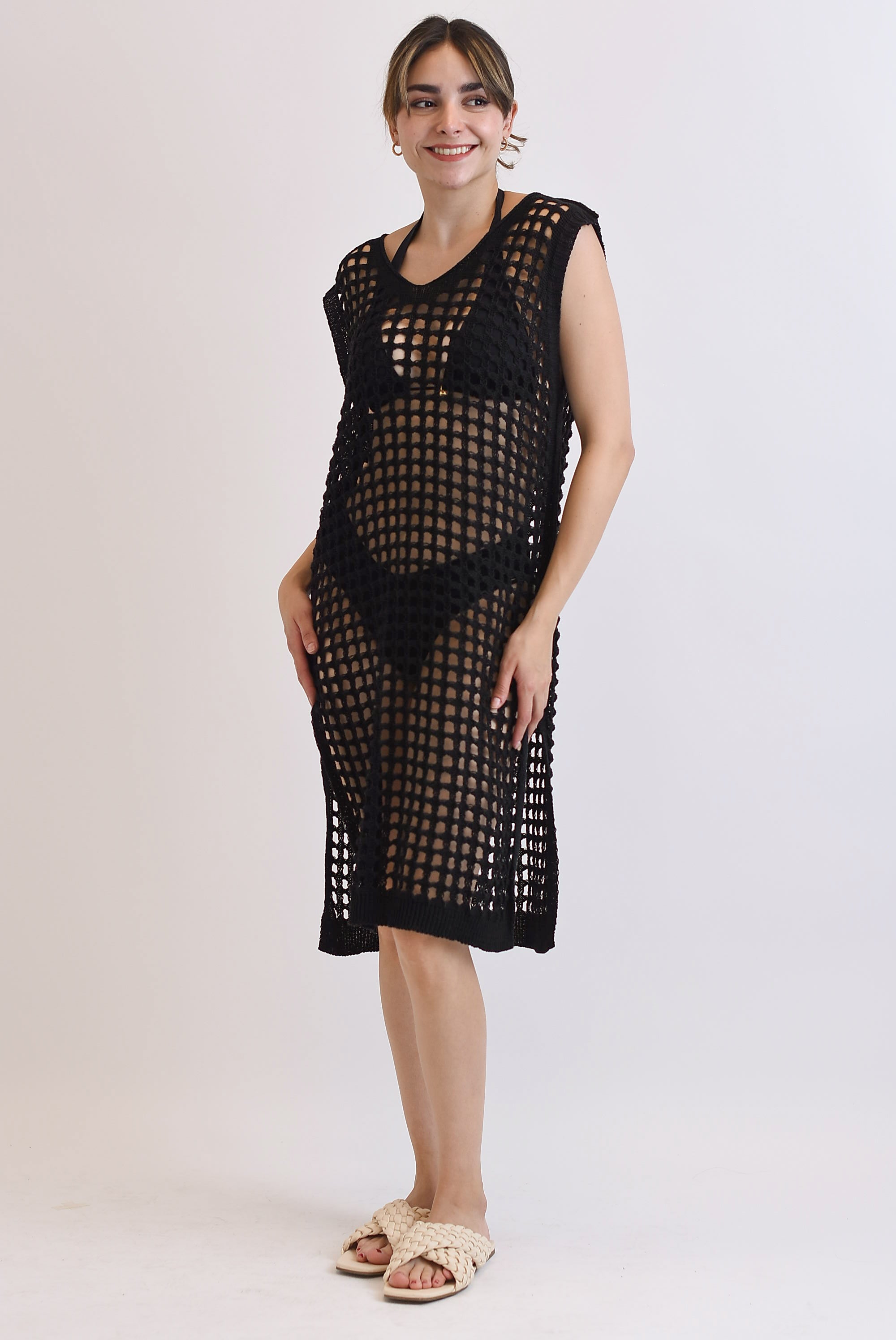 Vestido midi crochet sin manga Negro