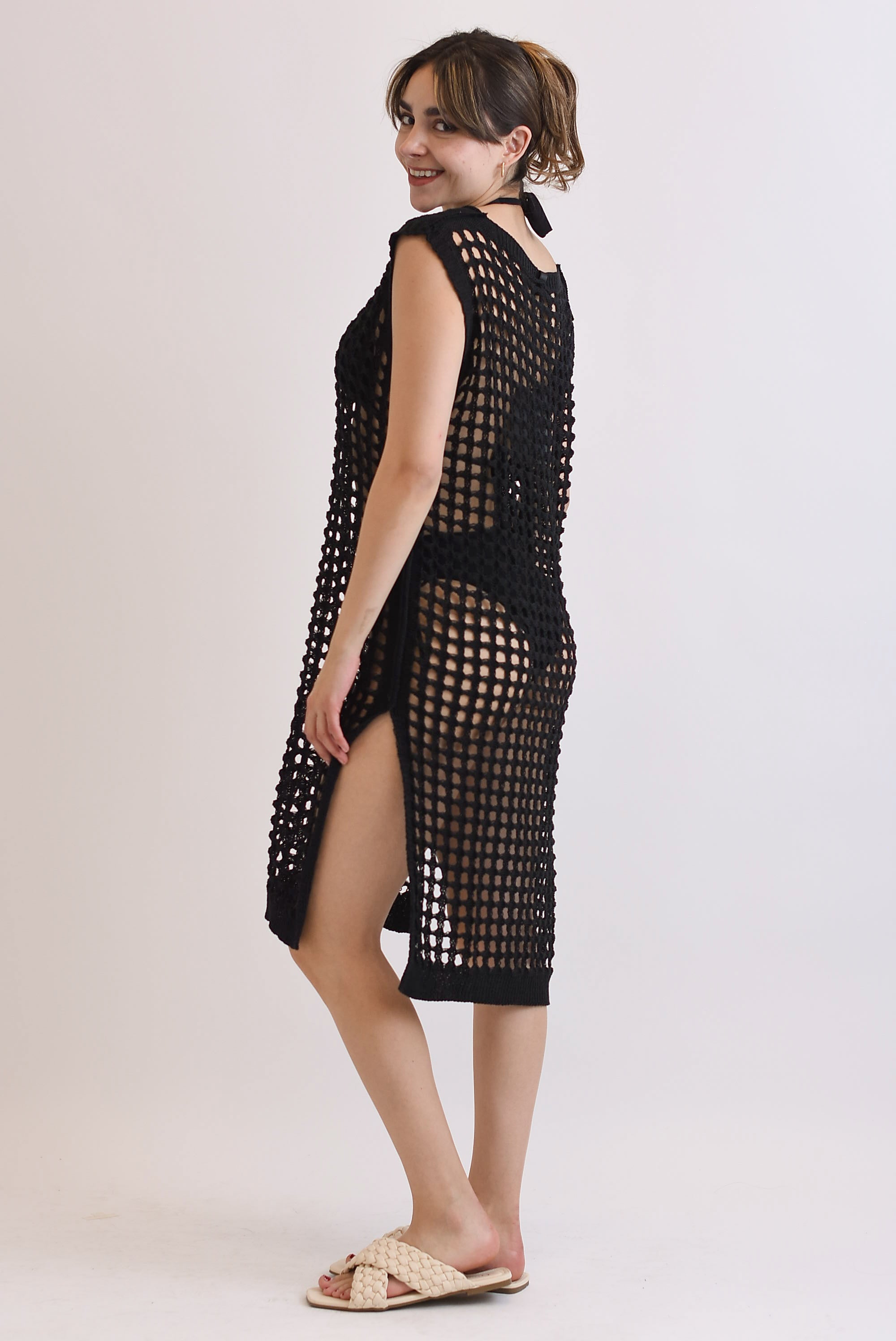 Vestido midi crochet sin manga Negro