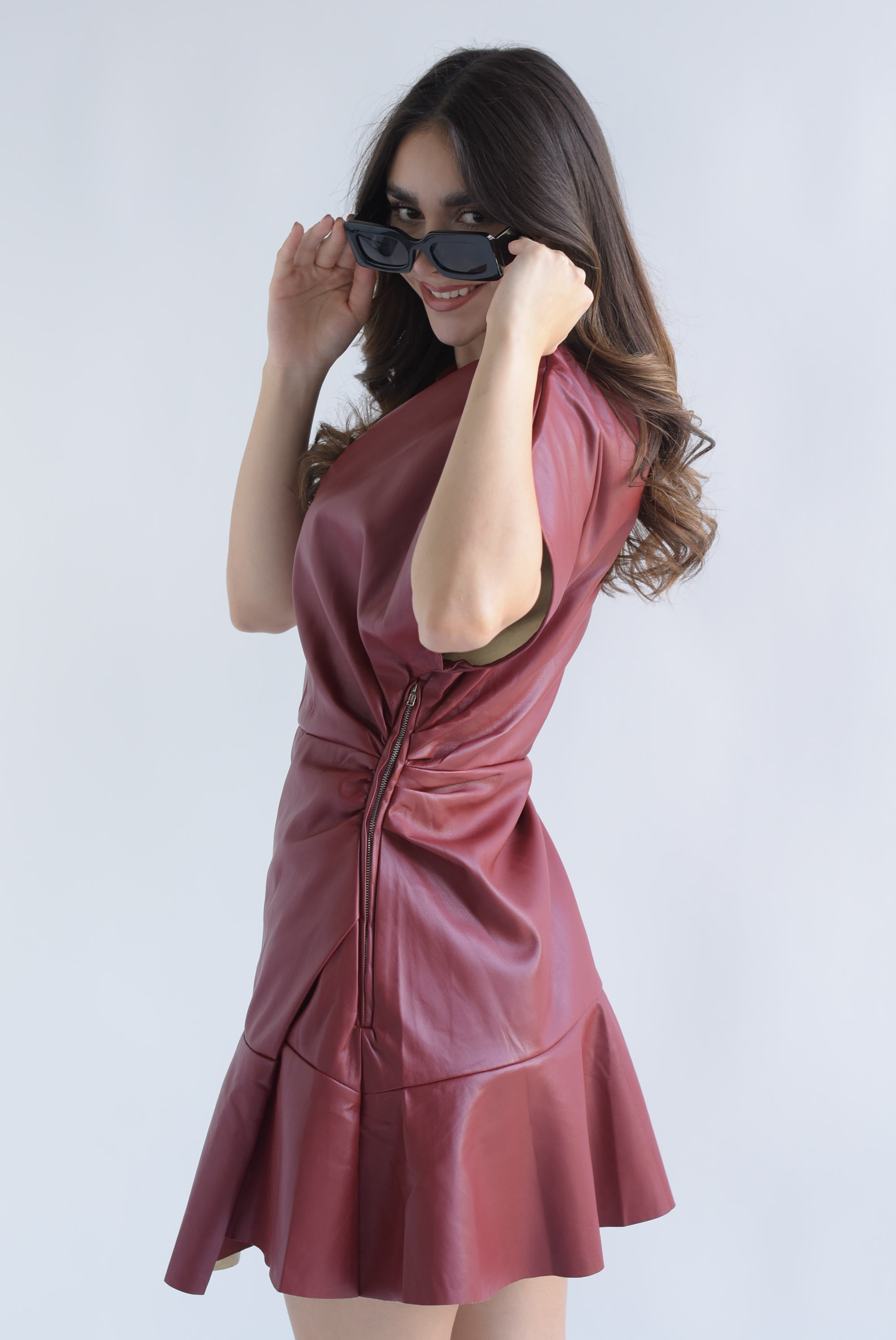 Vestido vinipiel drapeado Rojo Cereza