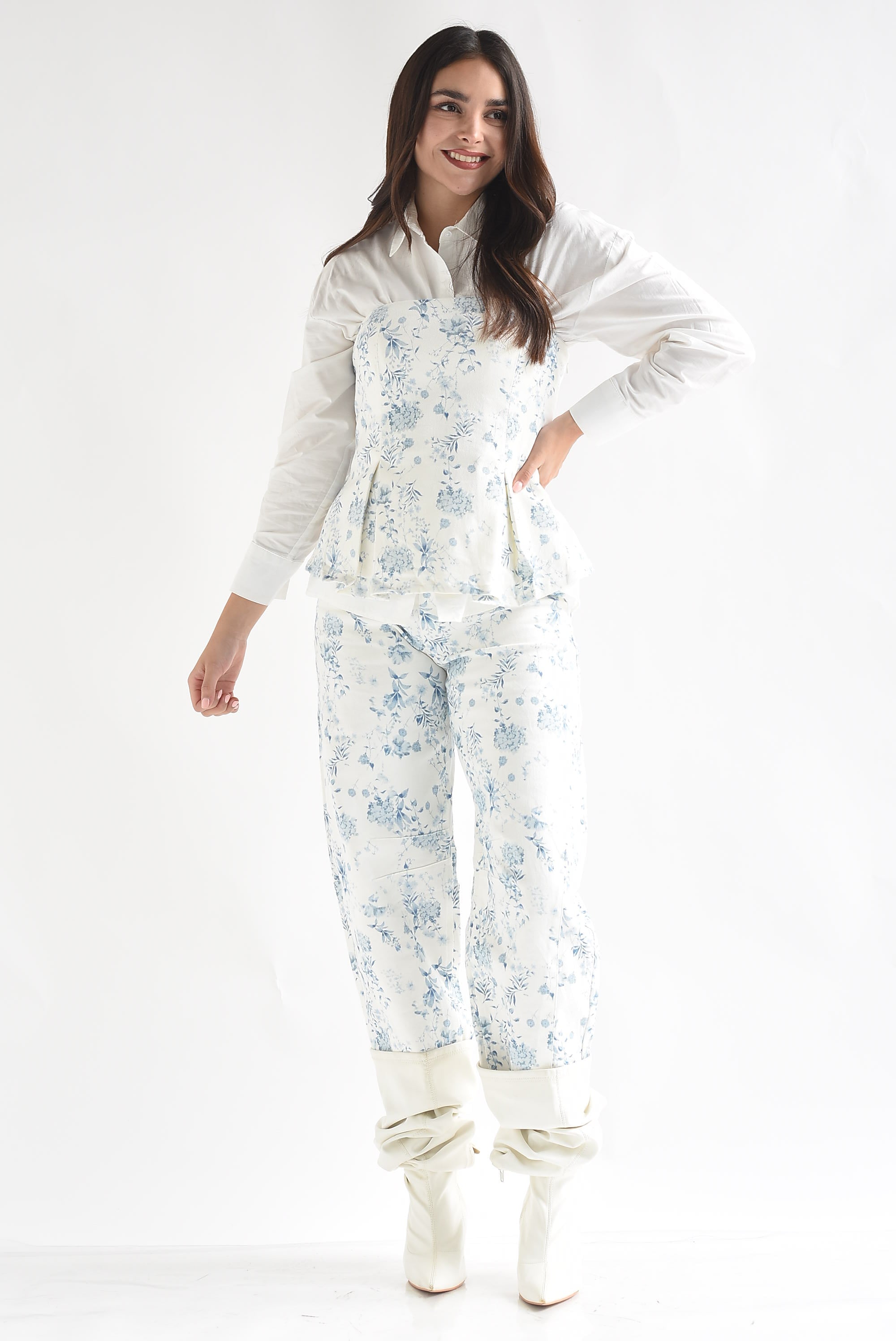 Set Jeans barrel y Top strapless peplum flores Denim