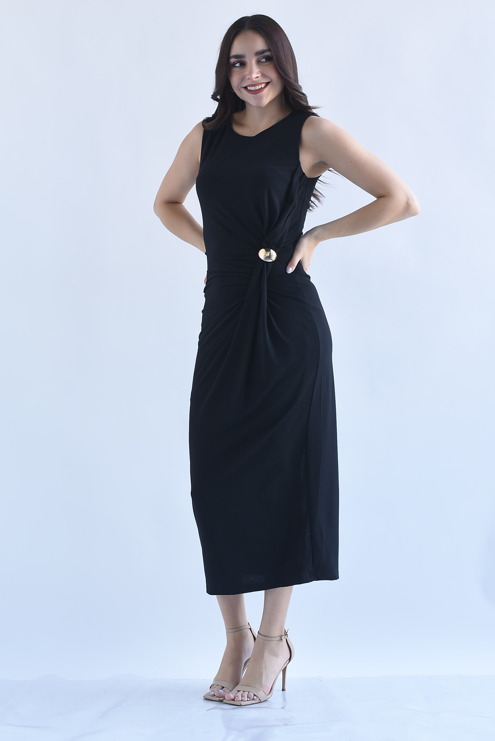 Vestido drapeado nudo broche