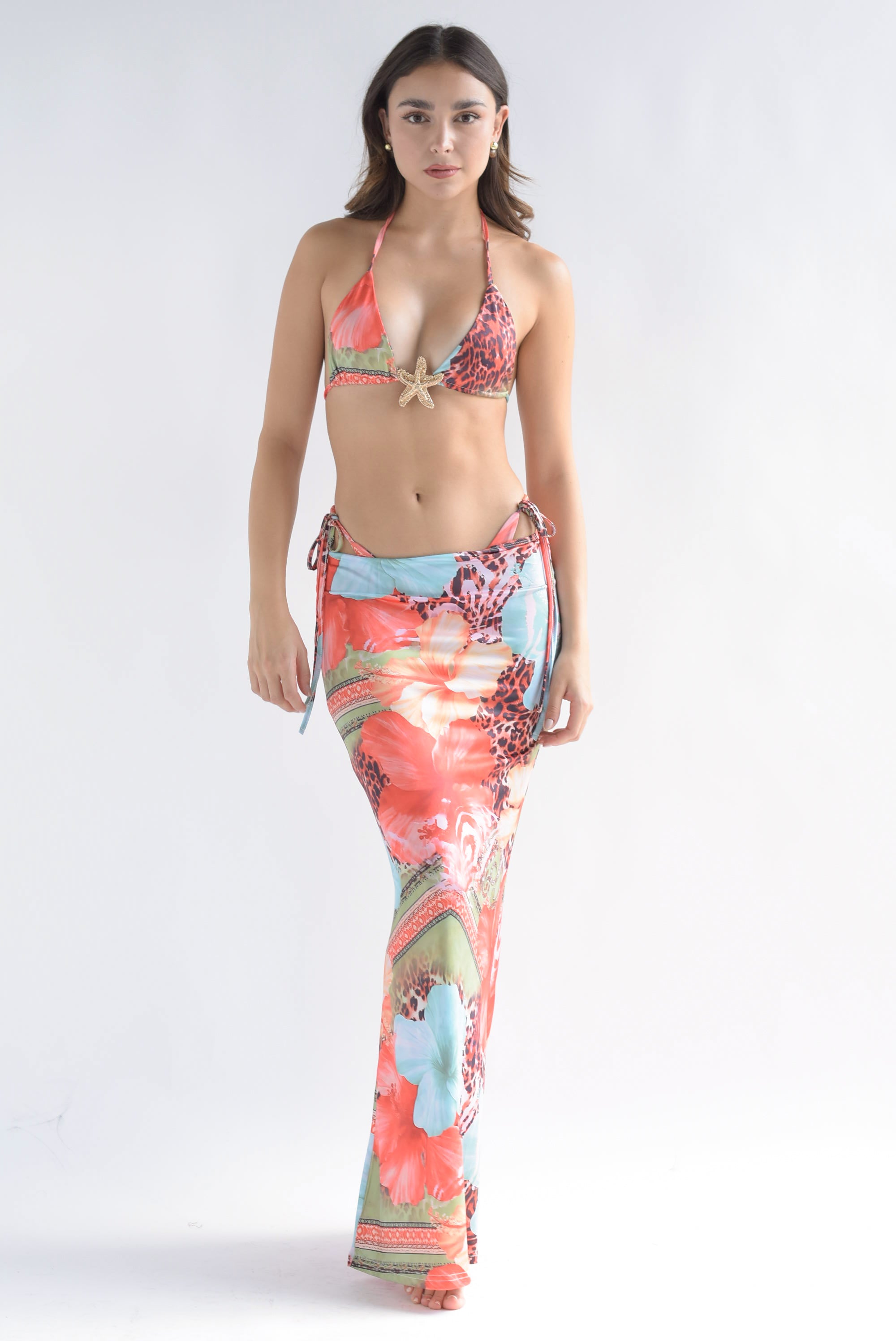 Set Bikini estrella y Cover-up animal print Naranja