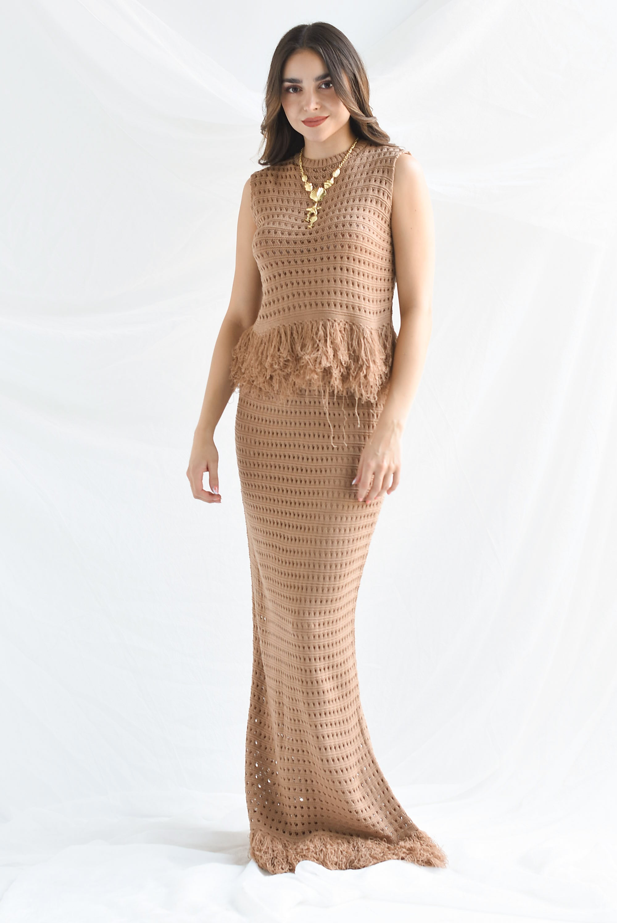 Set Falda y Blusa tejida deshilado Moka