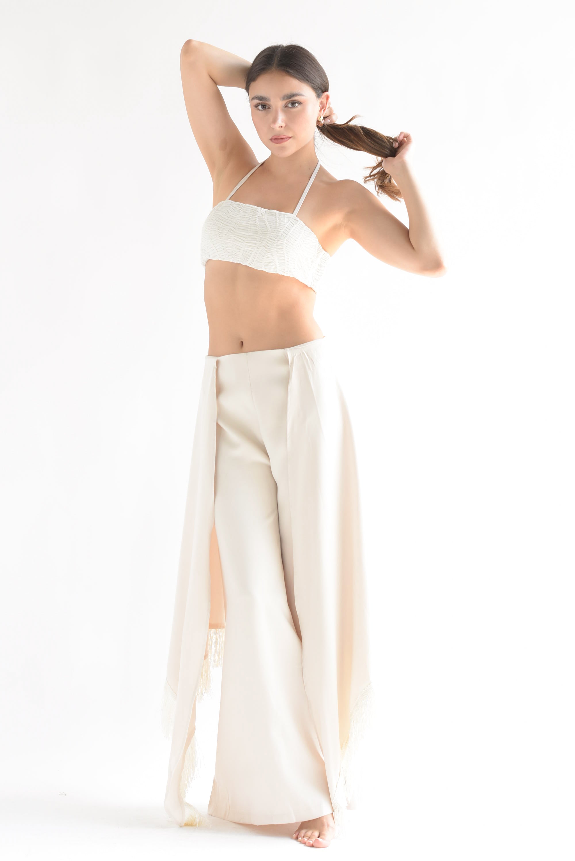 Set Pantalón cauda flecos y Top corrugado Ivory