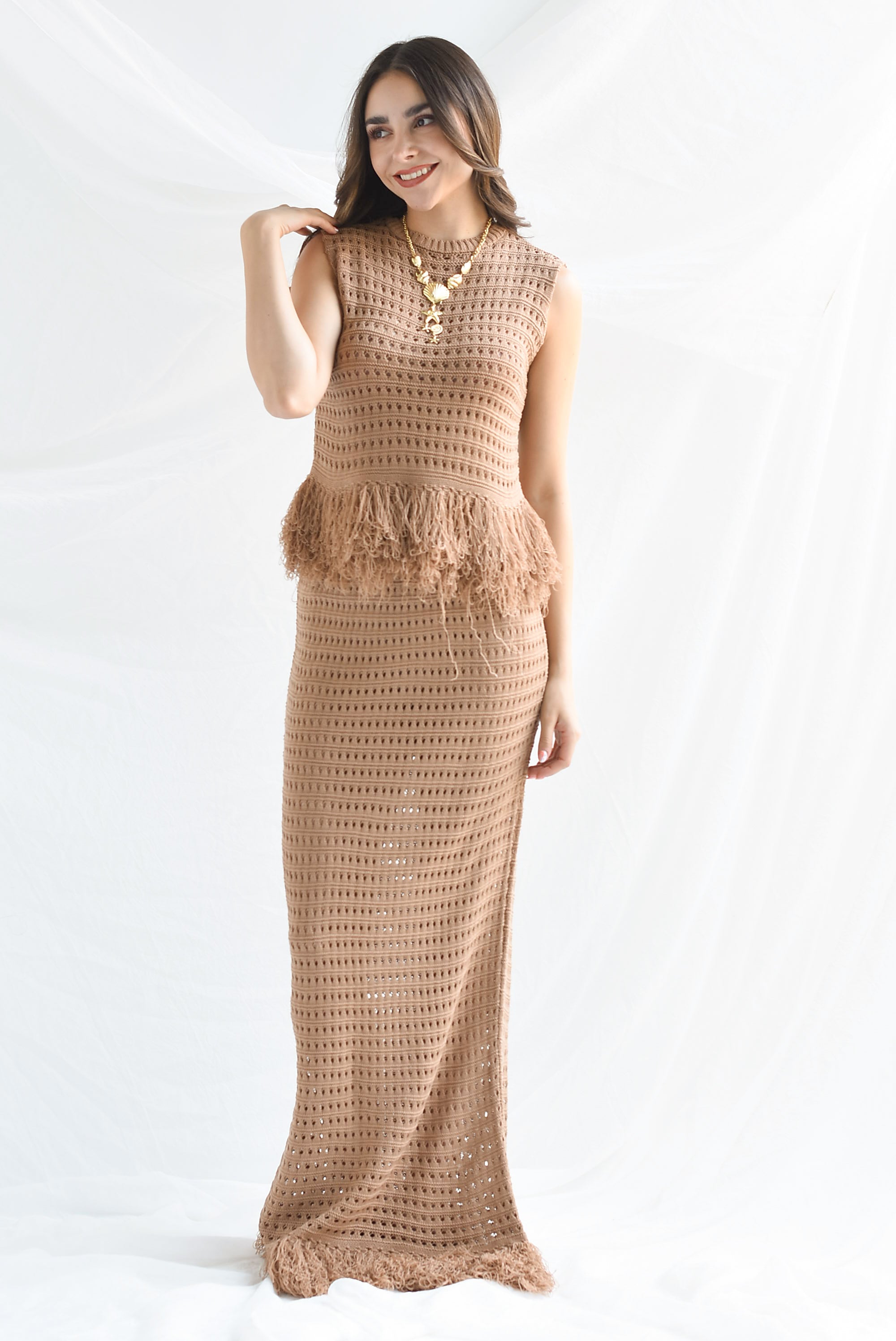 Set Falda y Blusa tejida deshilado Moka