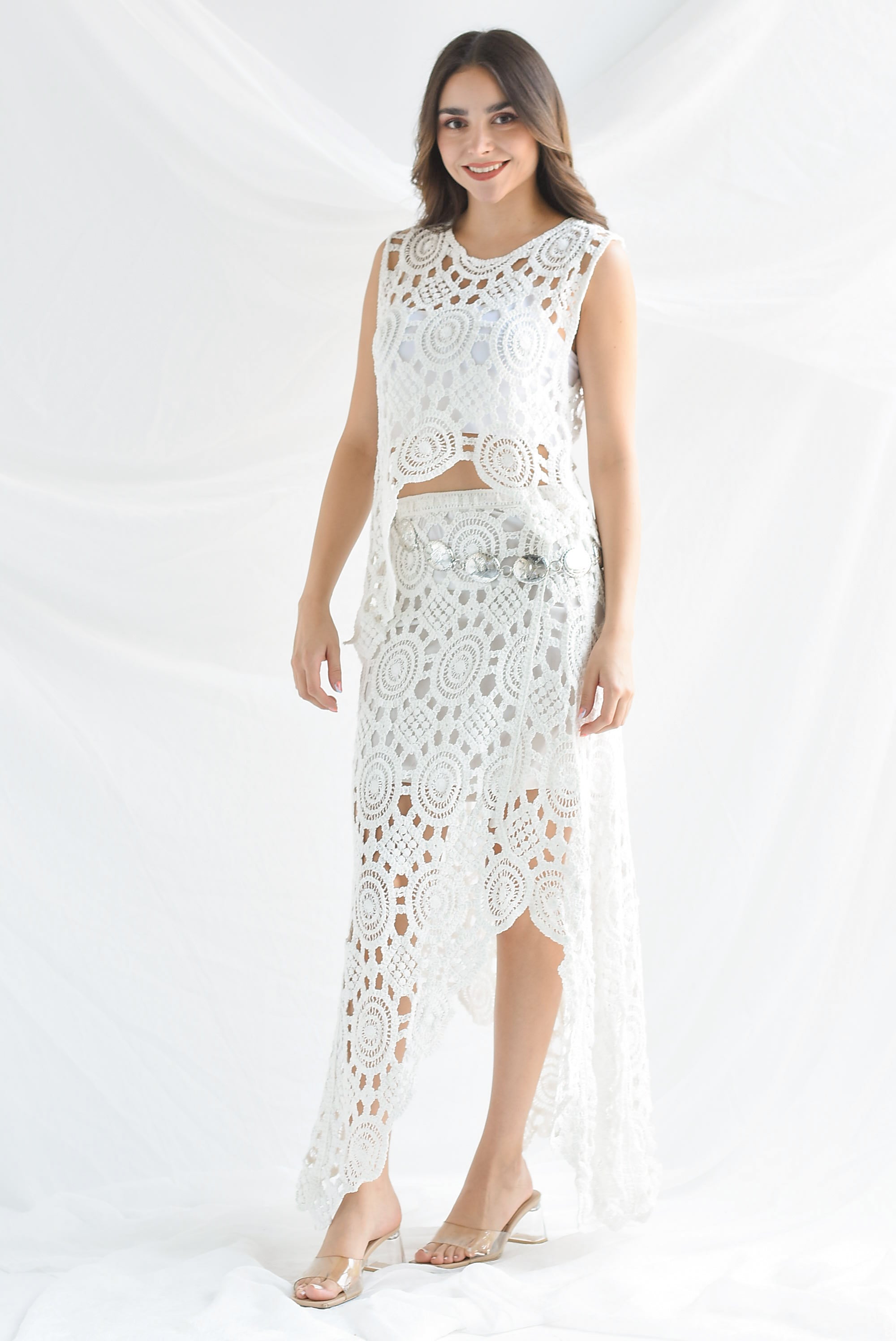 Set Falda asimétrica y Blusa crochet Blanco