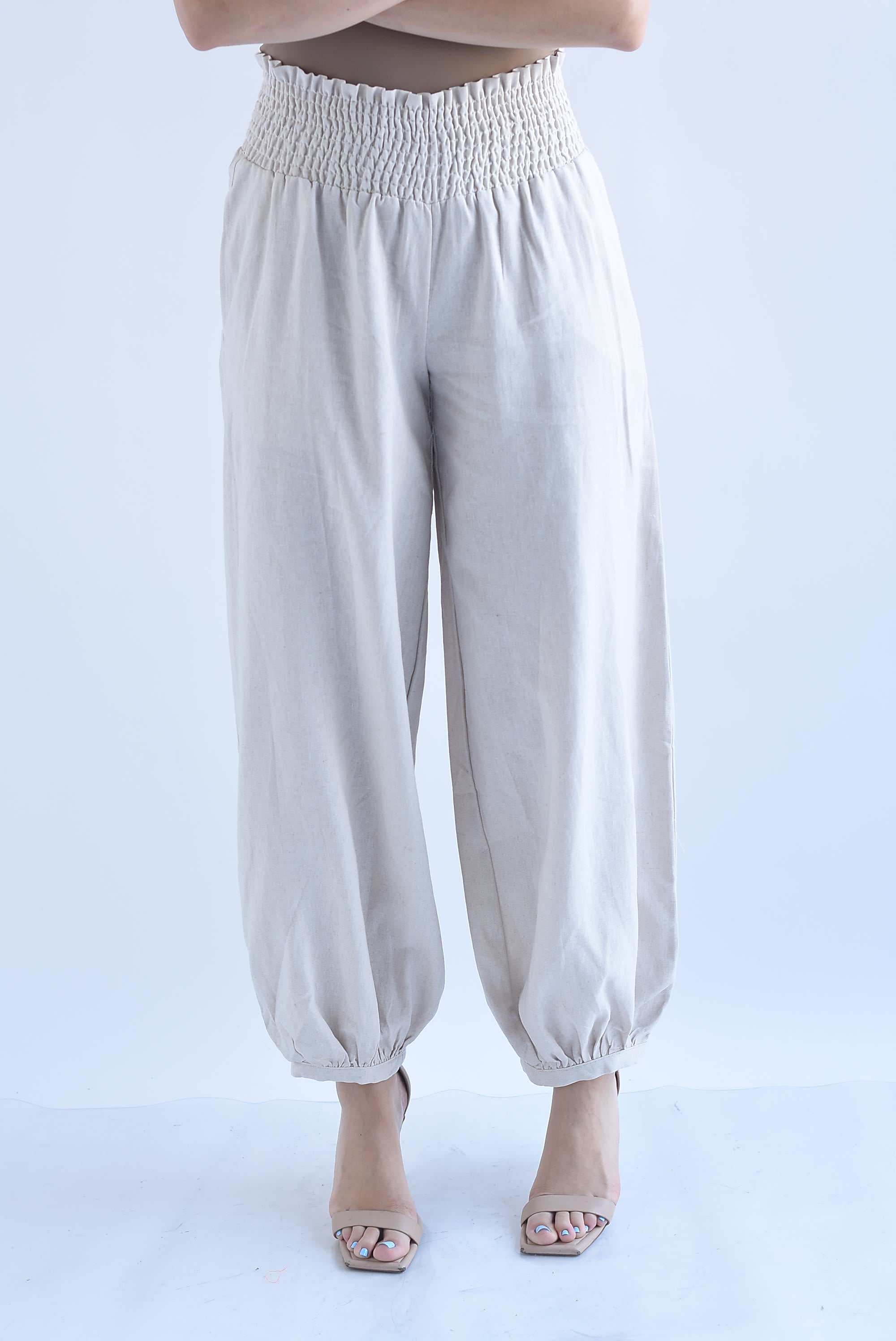 Pantalón globo pretina ancha lino