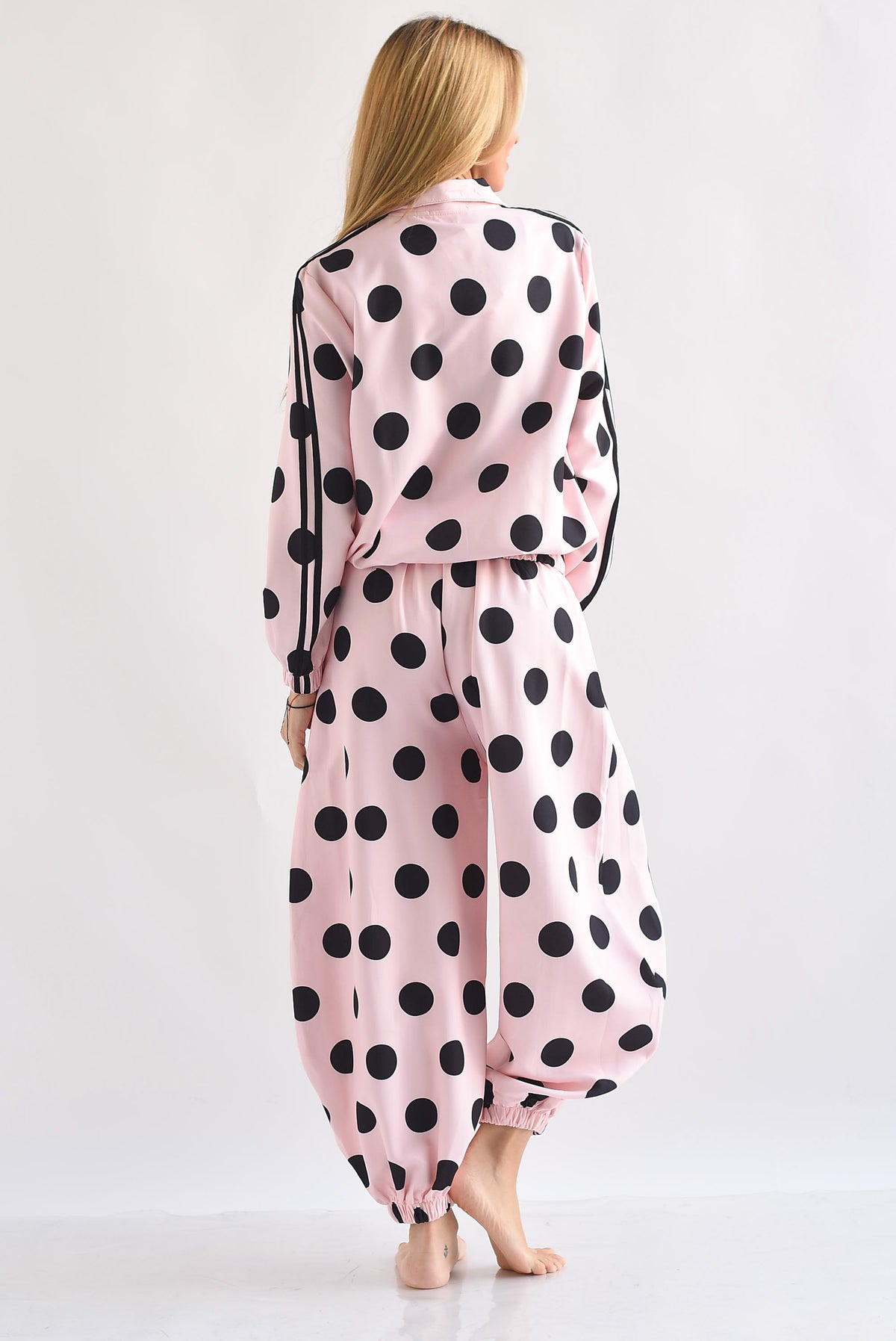 Set Pantalón barrel y Chamarra polka dots lazos chinos
