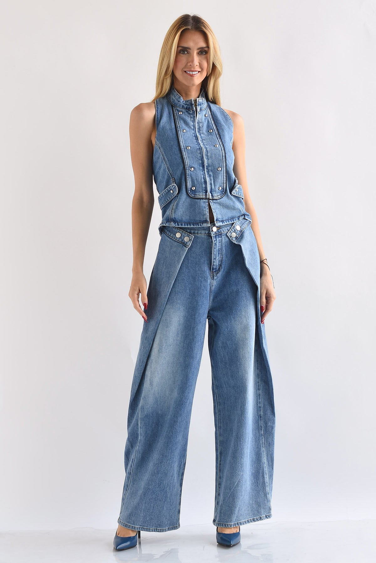 Set Pantalón barrel y Top halter Militar Denim