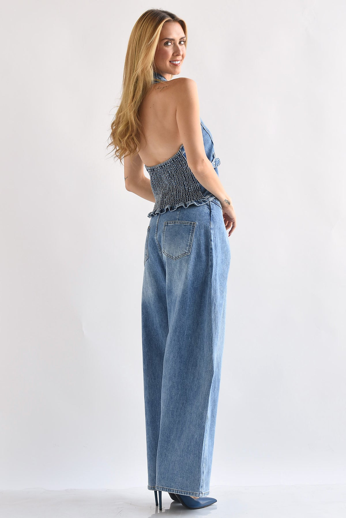 Set Pantalón barrel y Top halter Militar Denim