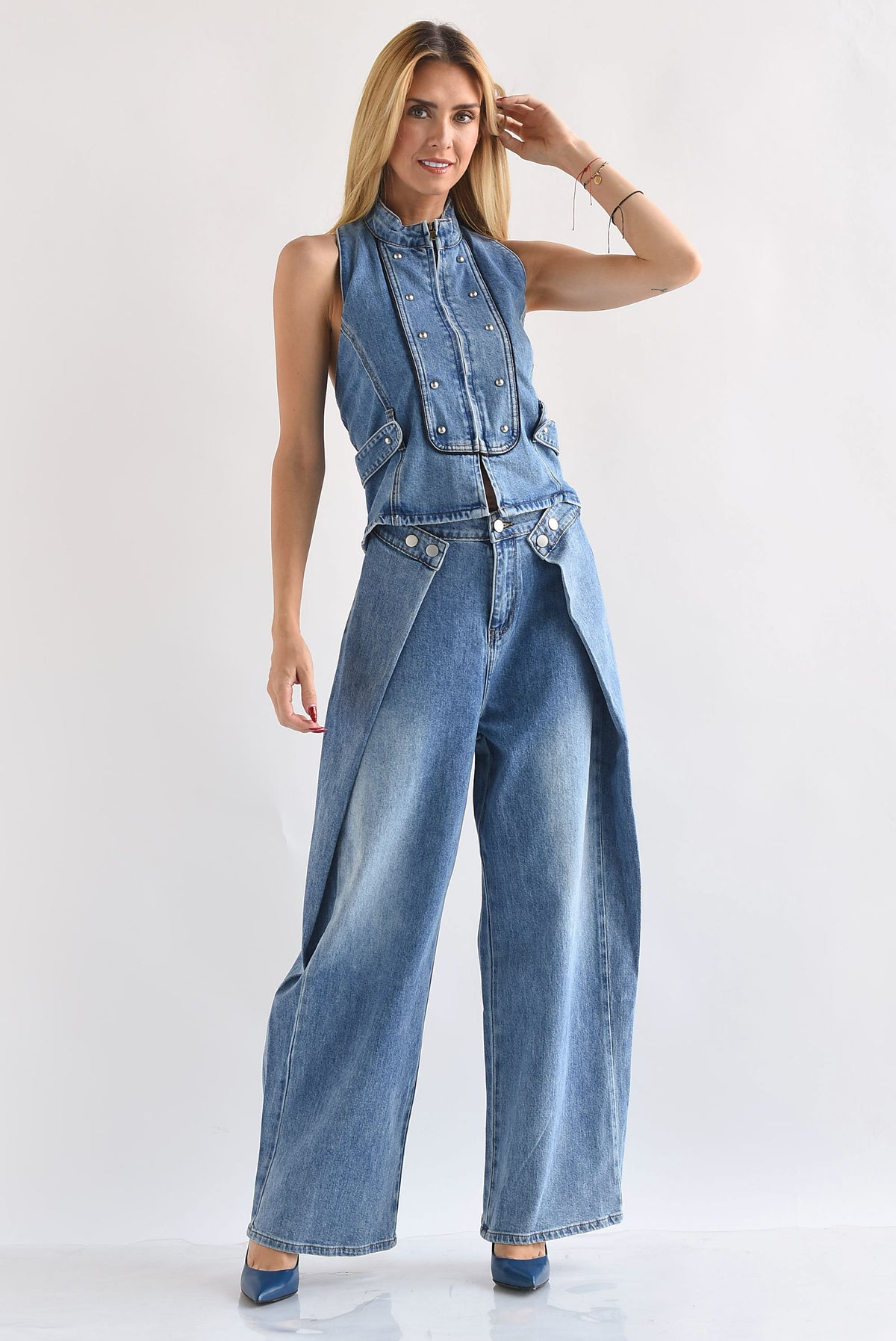 Set Pantalón barrel y Top halter Militar Denim