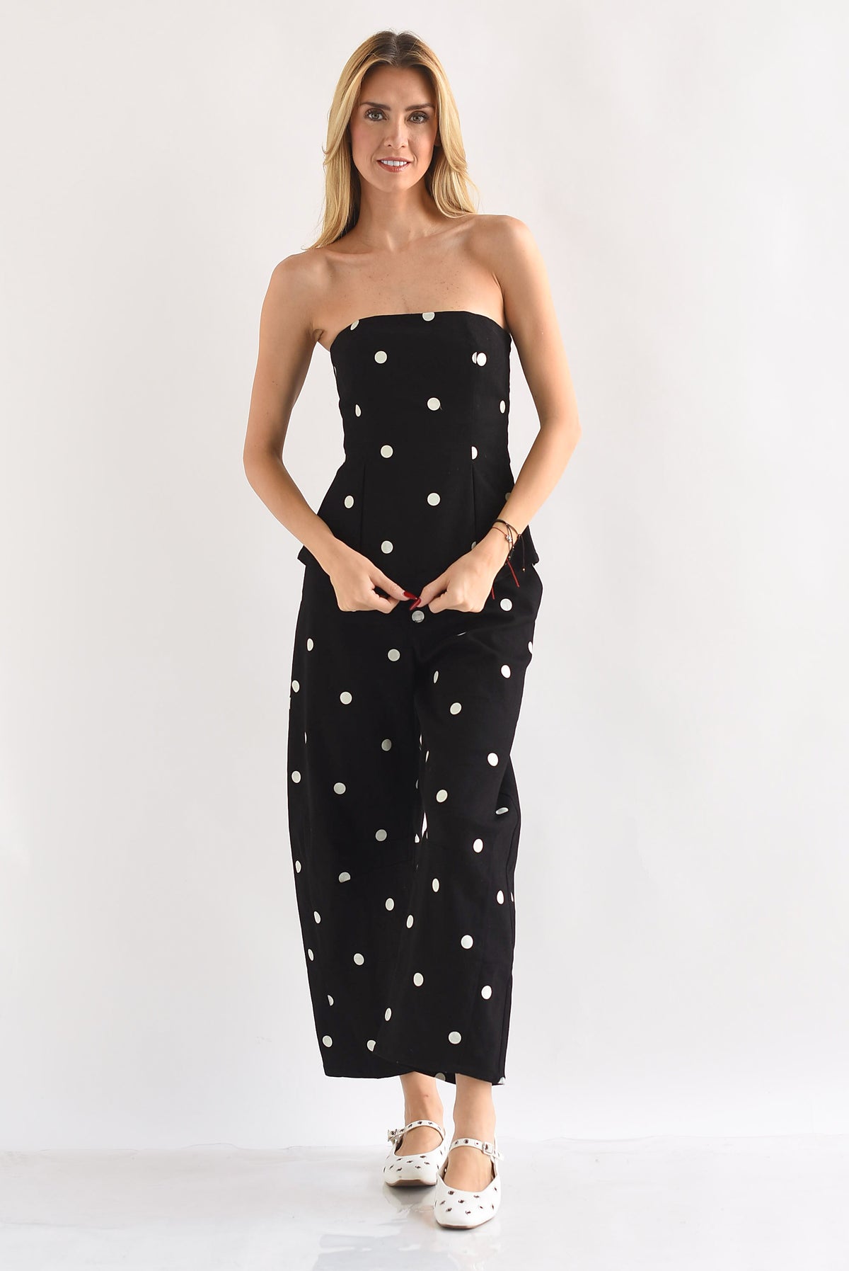 Set Jeans barrel y Top strapless peplum polka dots Denim
