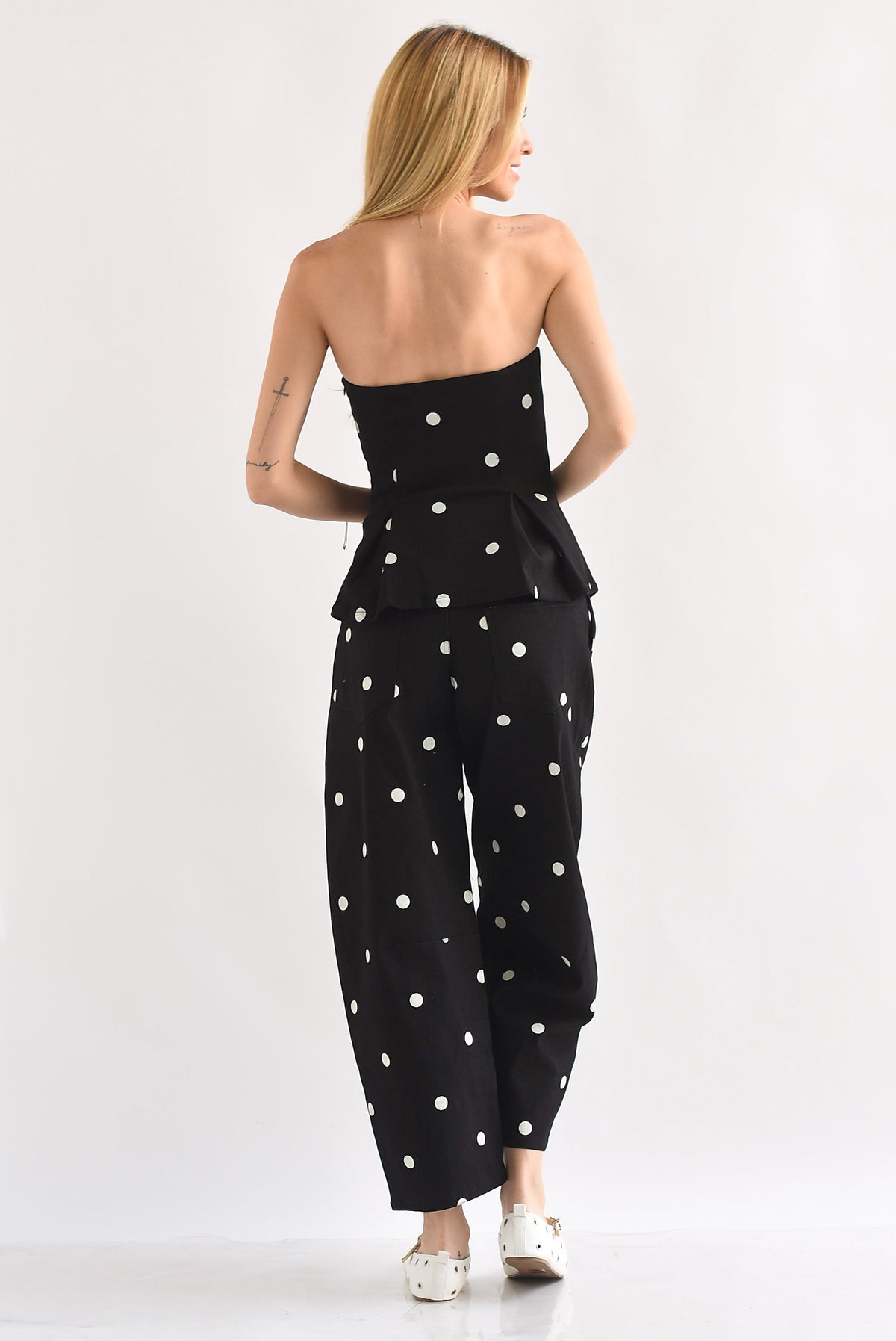 Set Jeans barrel y Top strapless peplum polka dots Denim
