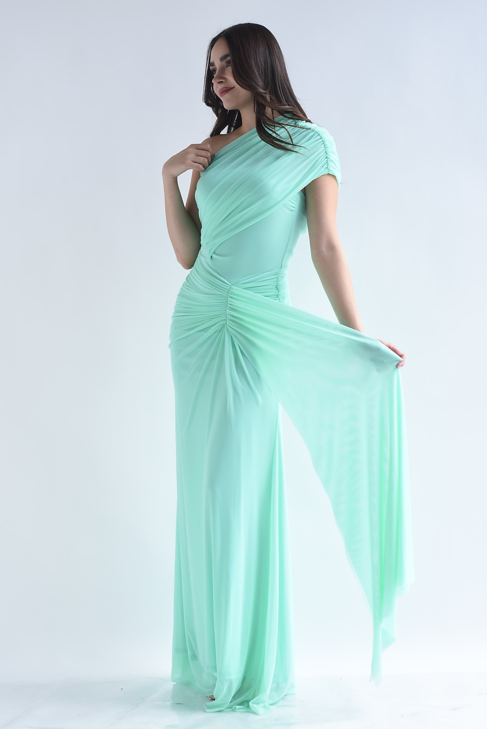 Vestido mesh asimétrico drapeado