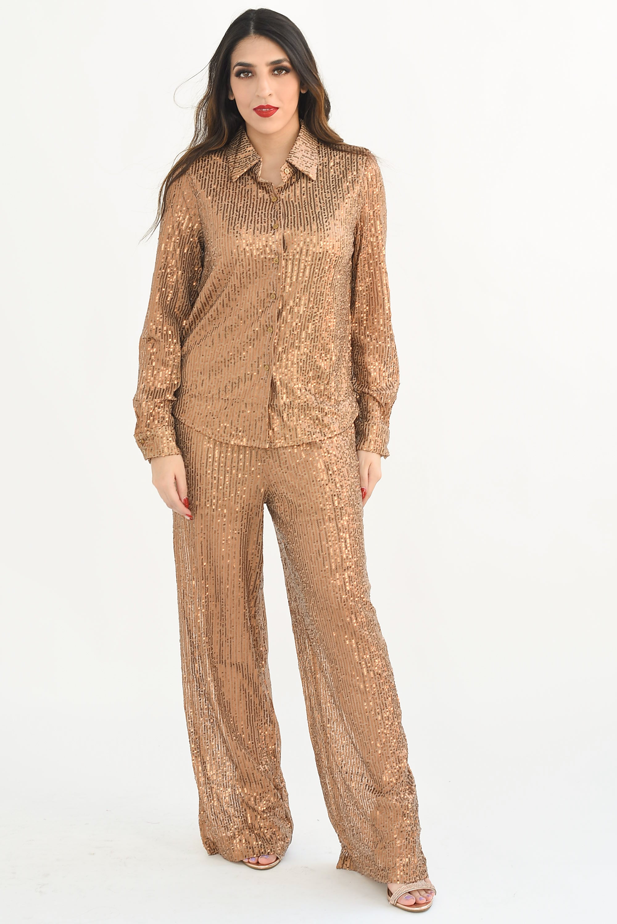 Set de Pantalón y Camisa lentejuela Cobre