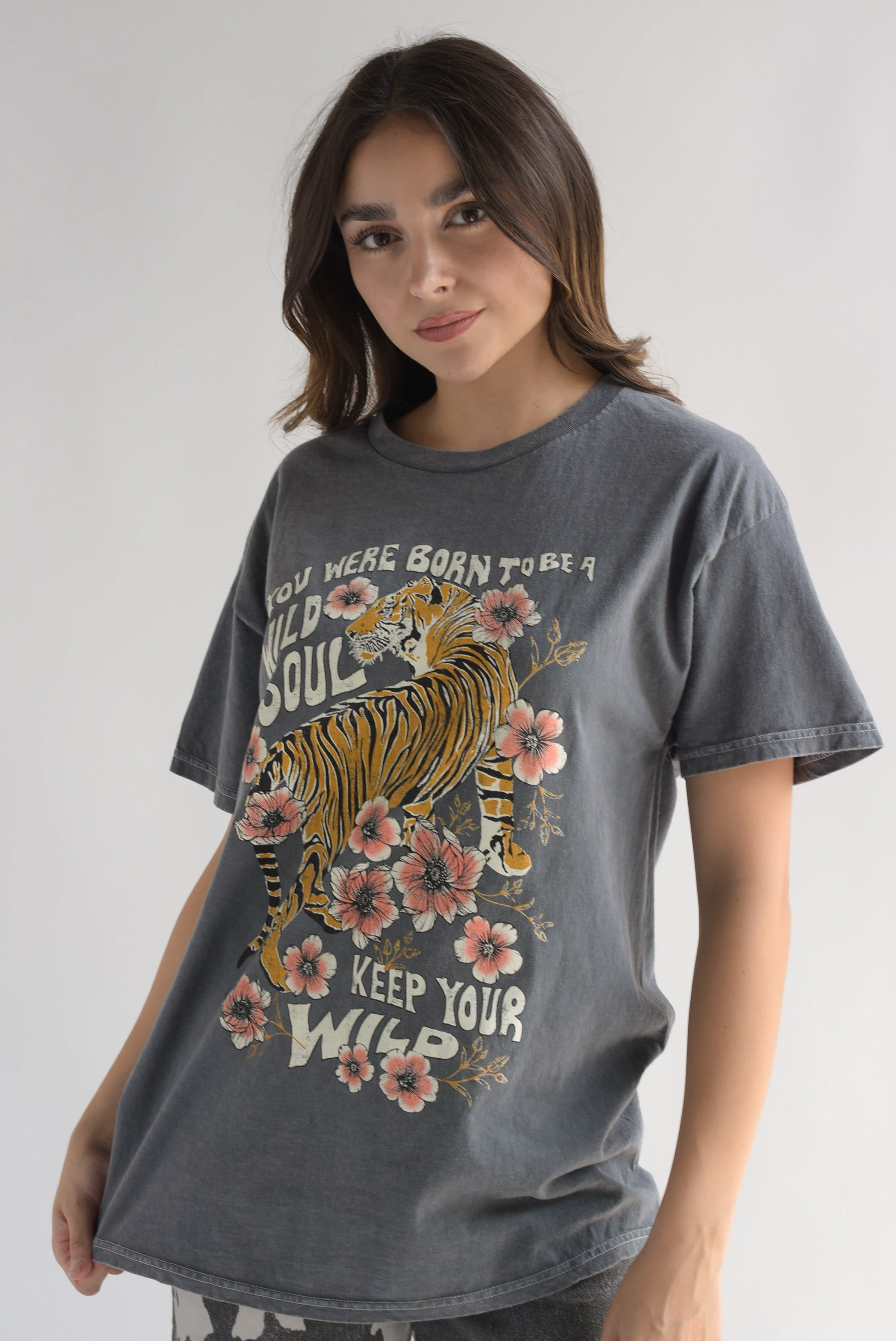 T-Shirt Tigre Flores Gris