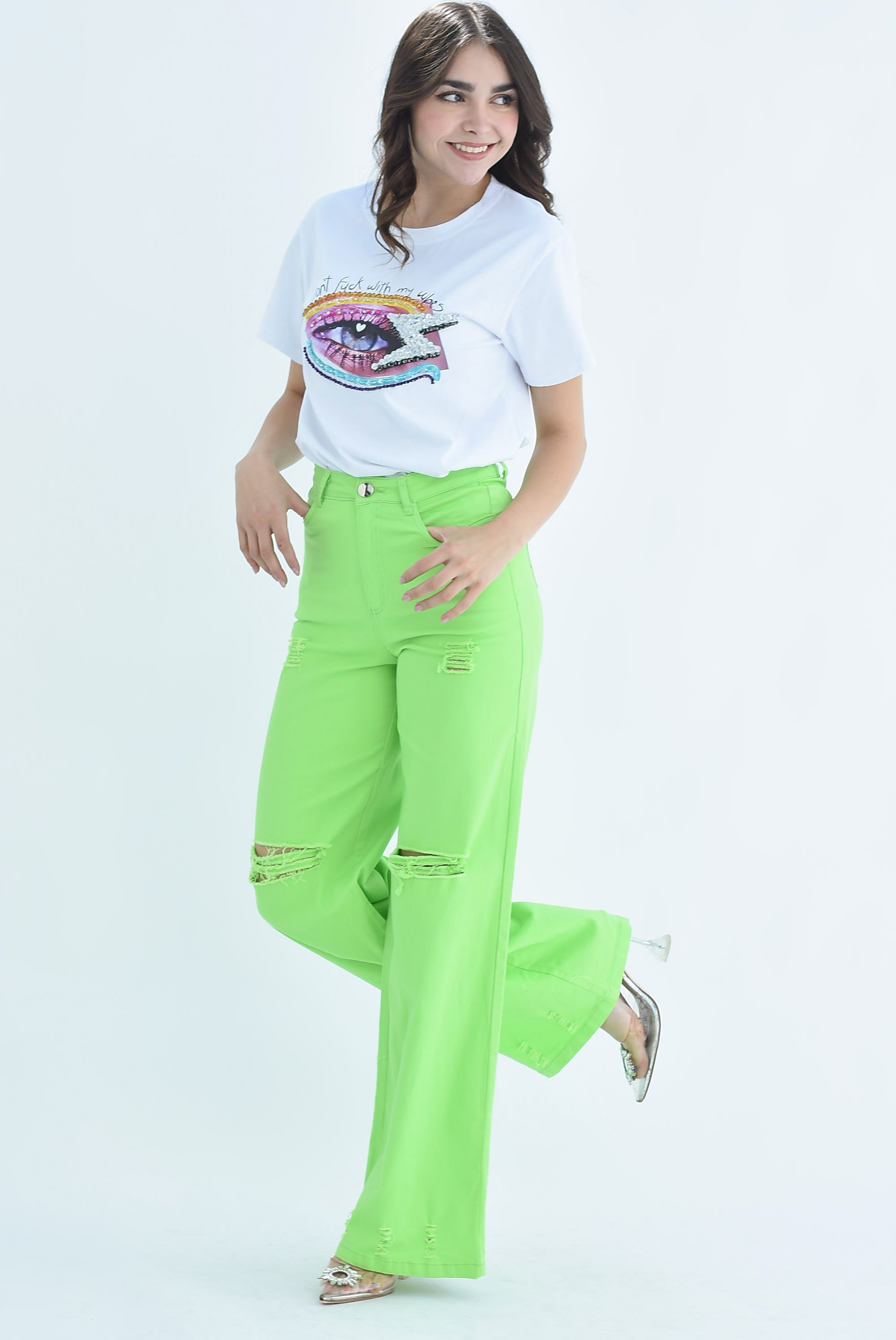 Jeans pierna ancha desgarrado Verde