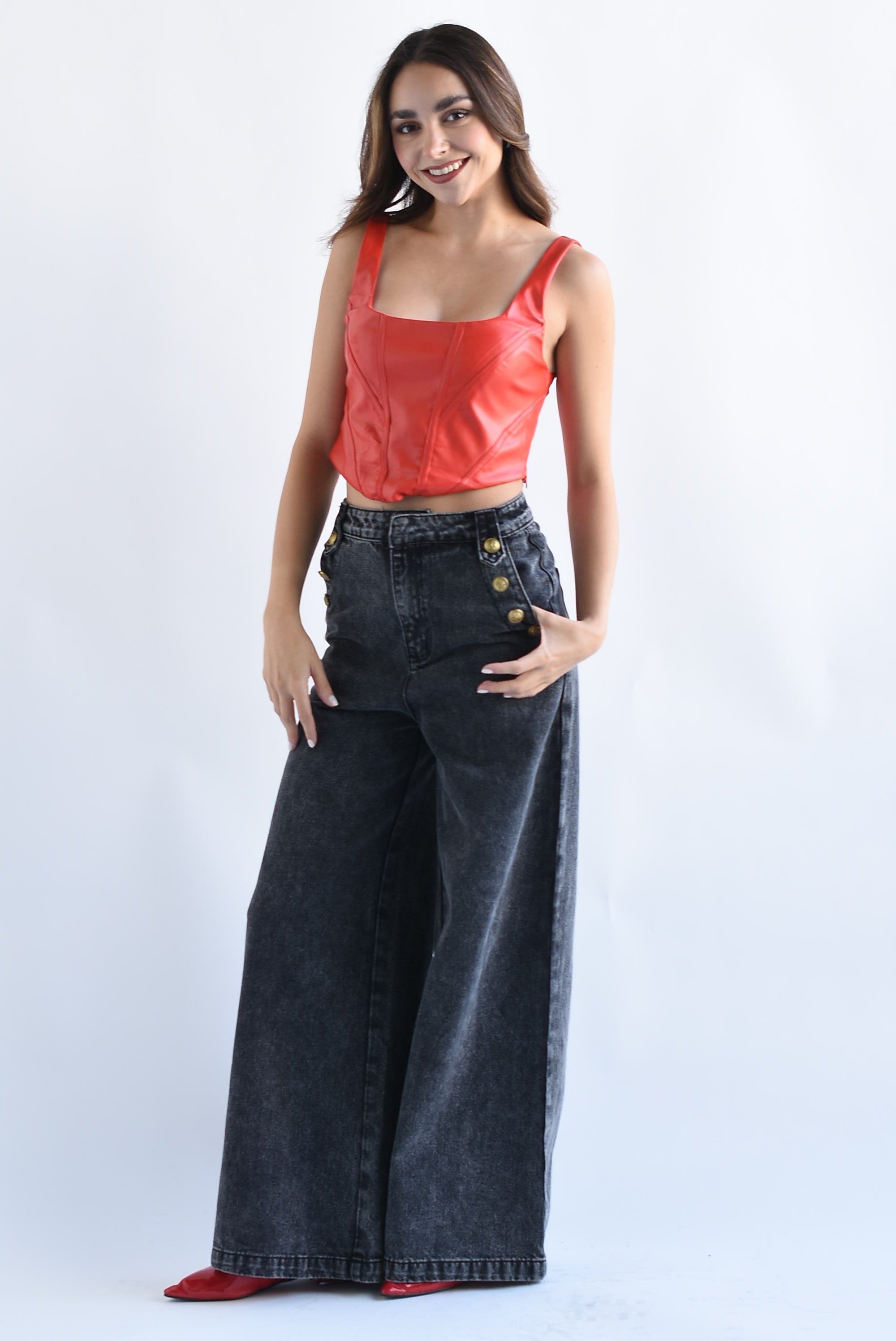 Top corsetero costuras vinipiel Rojo