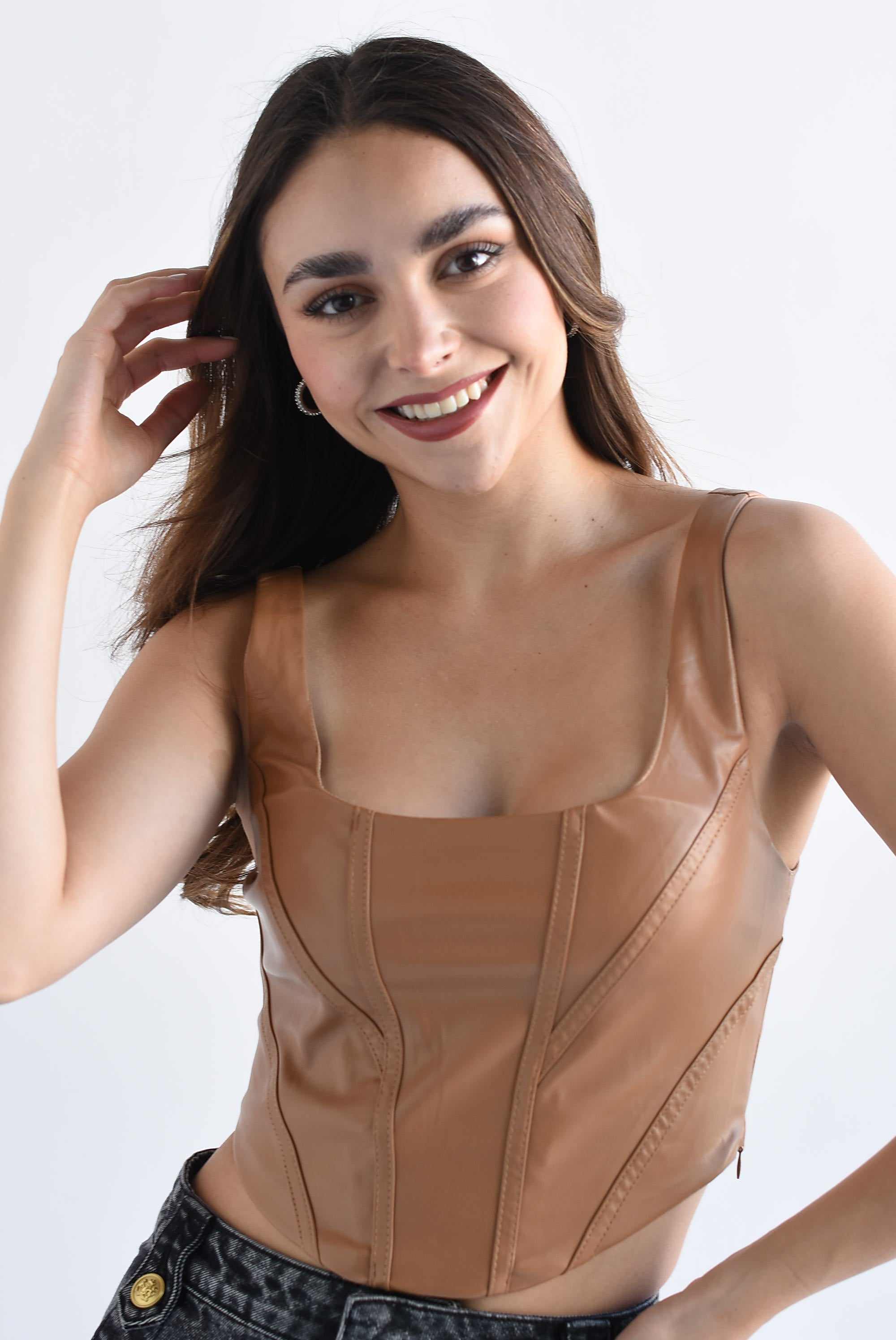 Top corsetero costuras vinipiel Camel
