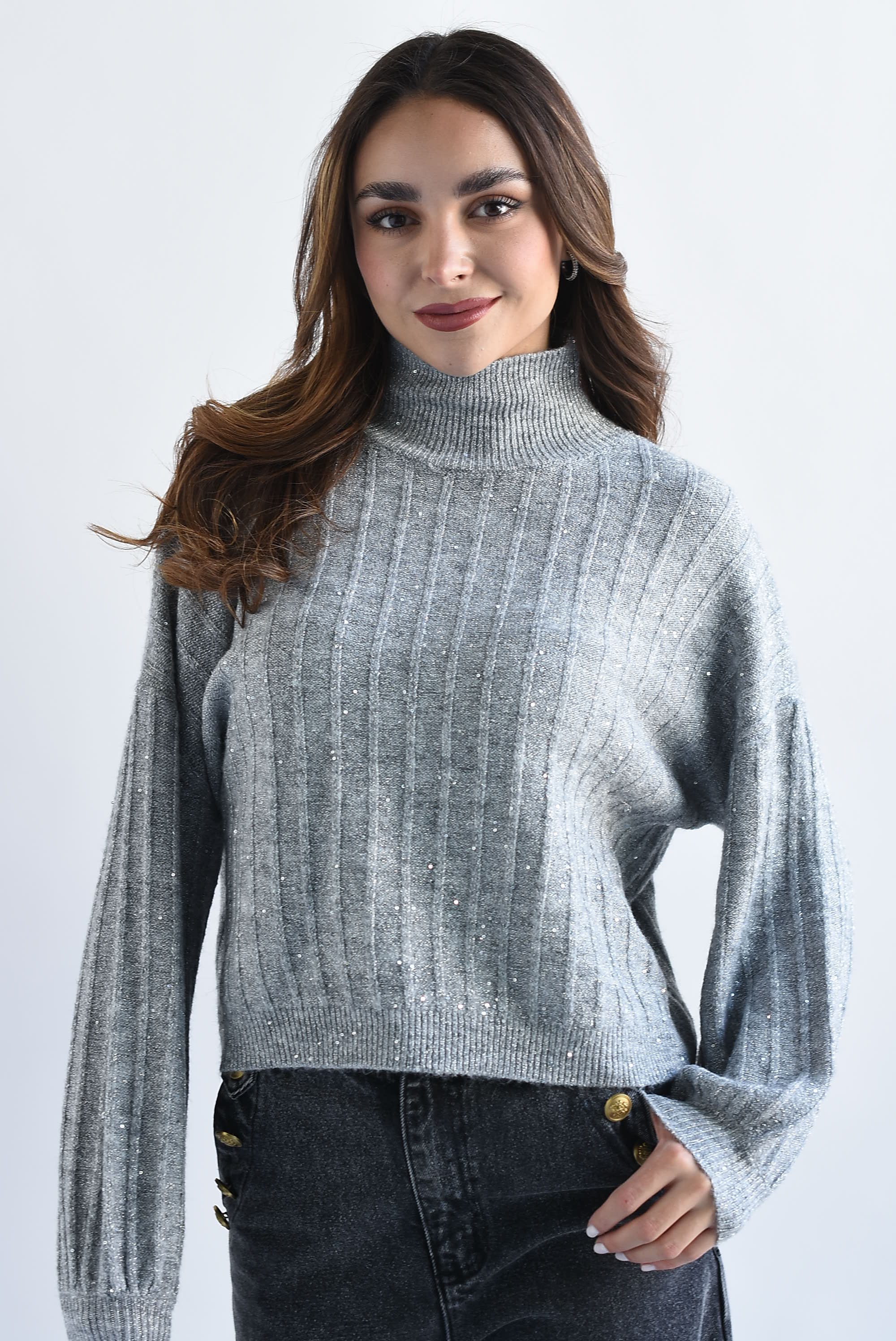 Sweater cuello hilo metalizado brilos Gris