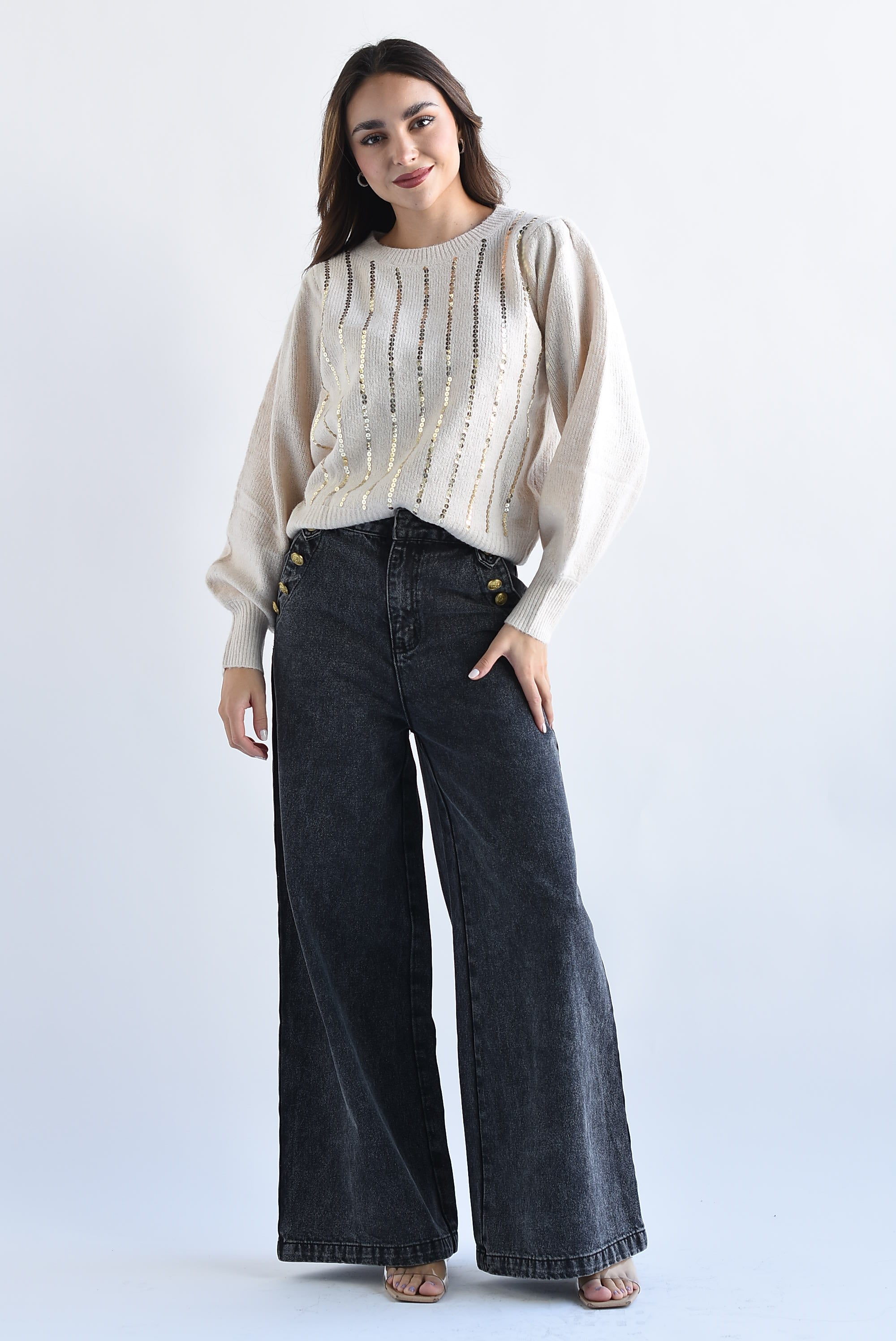 Sweater líneas lentejuela Beige