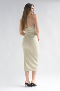 Fashion Styled Vestido strapless drapeado vinipiel Ivory