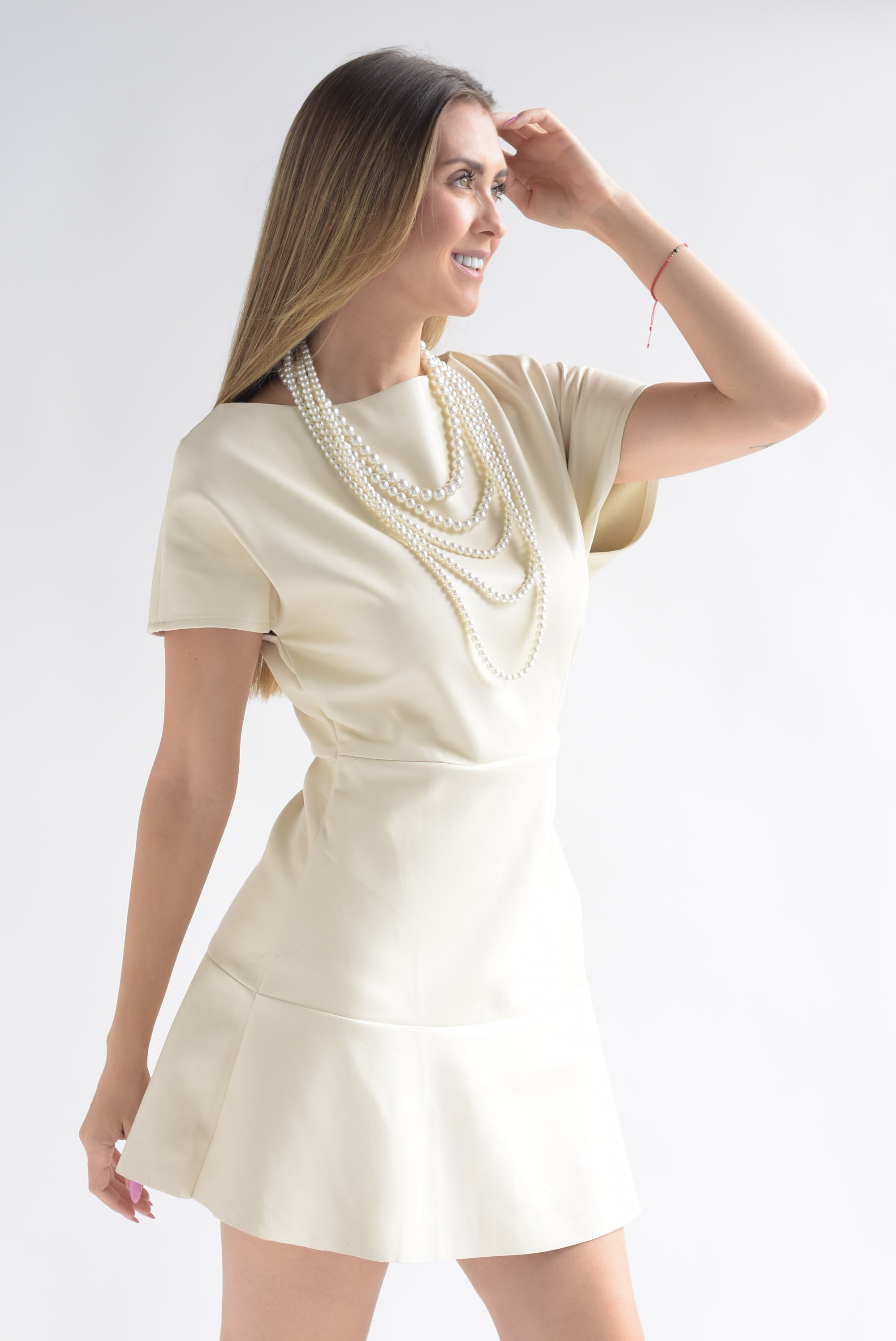 Vestido vinipiel drapeado Ivory