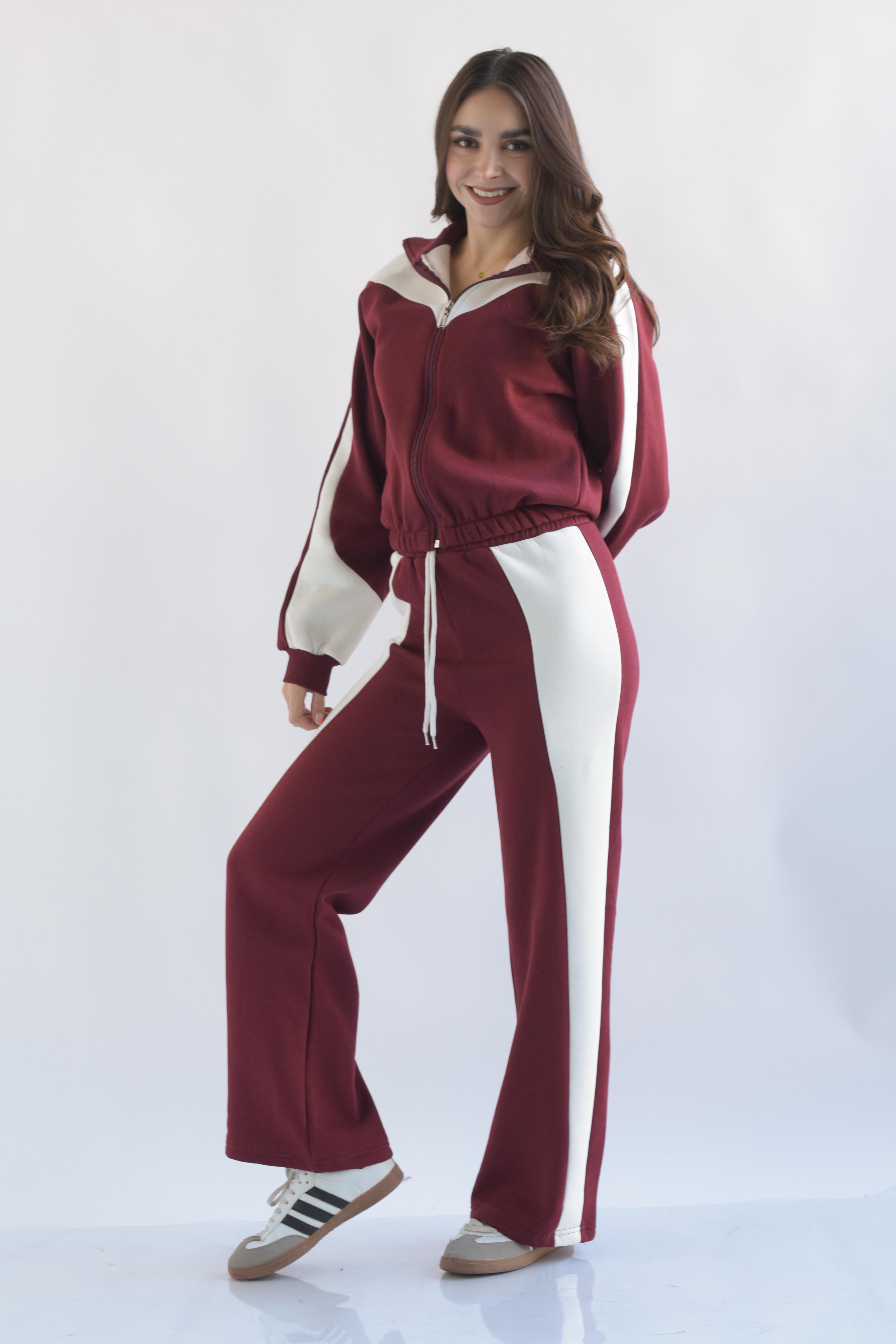 Set Pantalón y Chamarra franja blanca Vino
