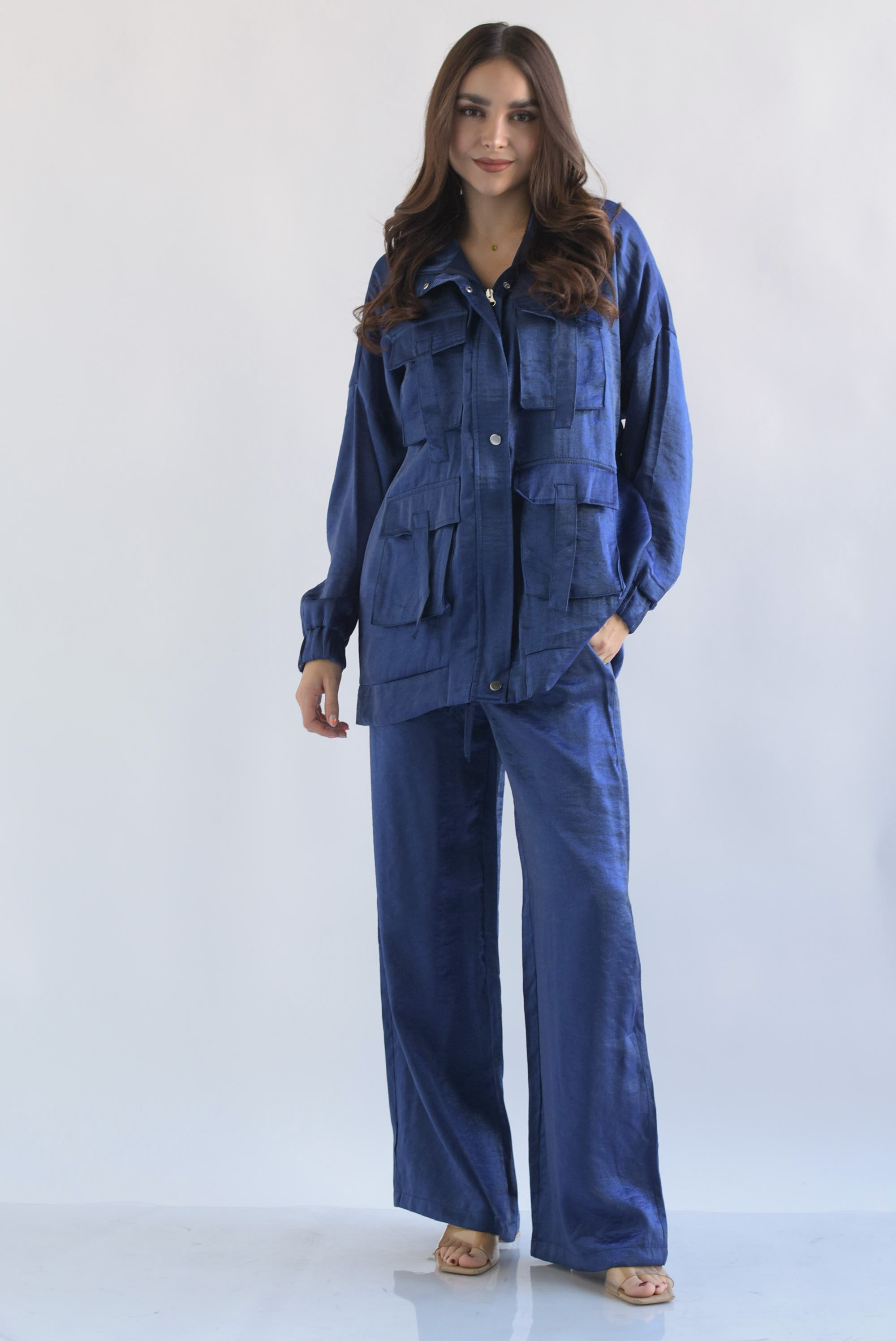 Set Pantalón y Chamarra cazadora satín Azul Rey