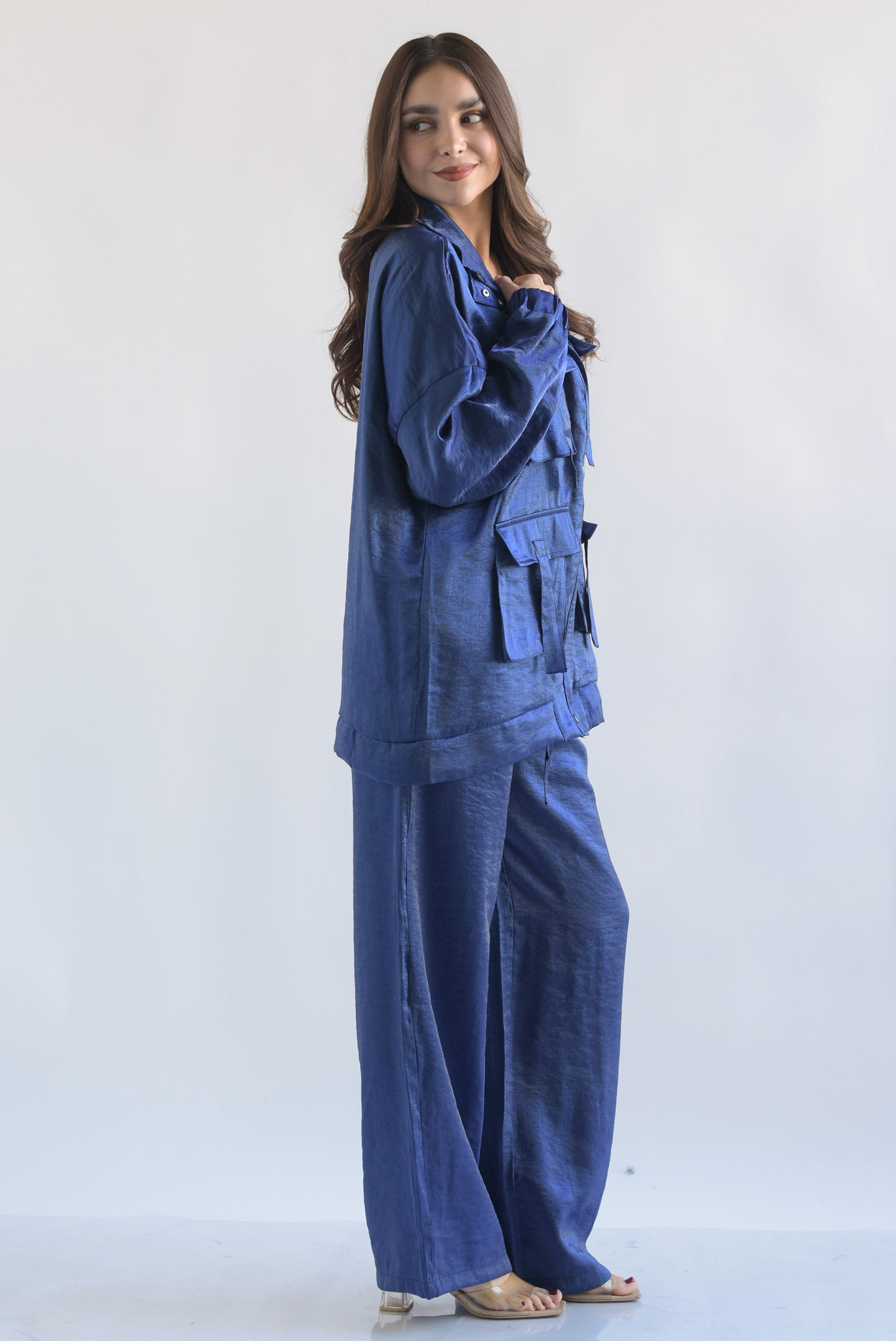 Set Pantalón y Chamarra cazadora satín Azul Rey