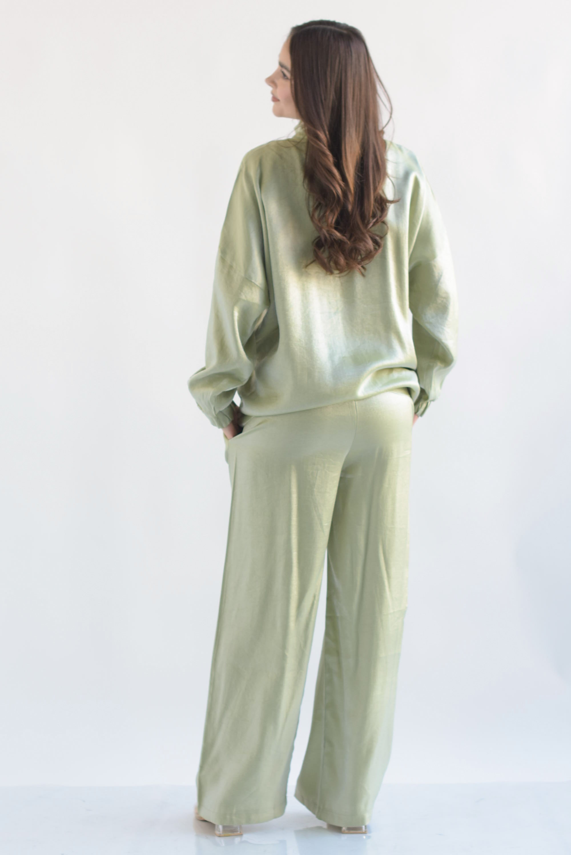 Set Pantalón y Chamarra cazadora satín Verde Lime