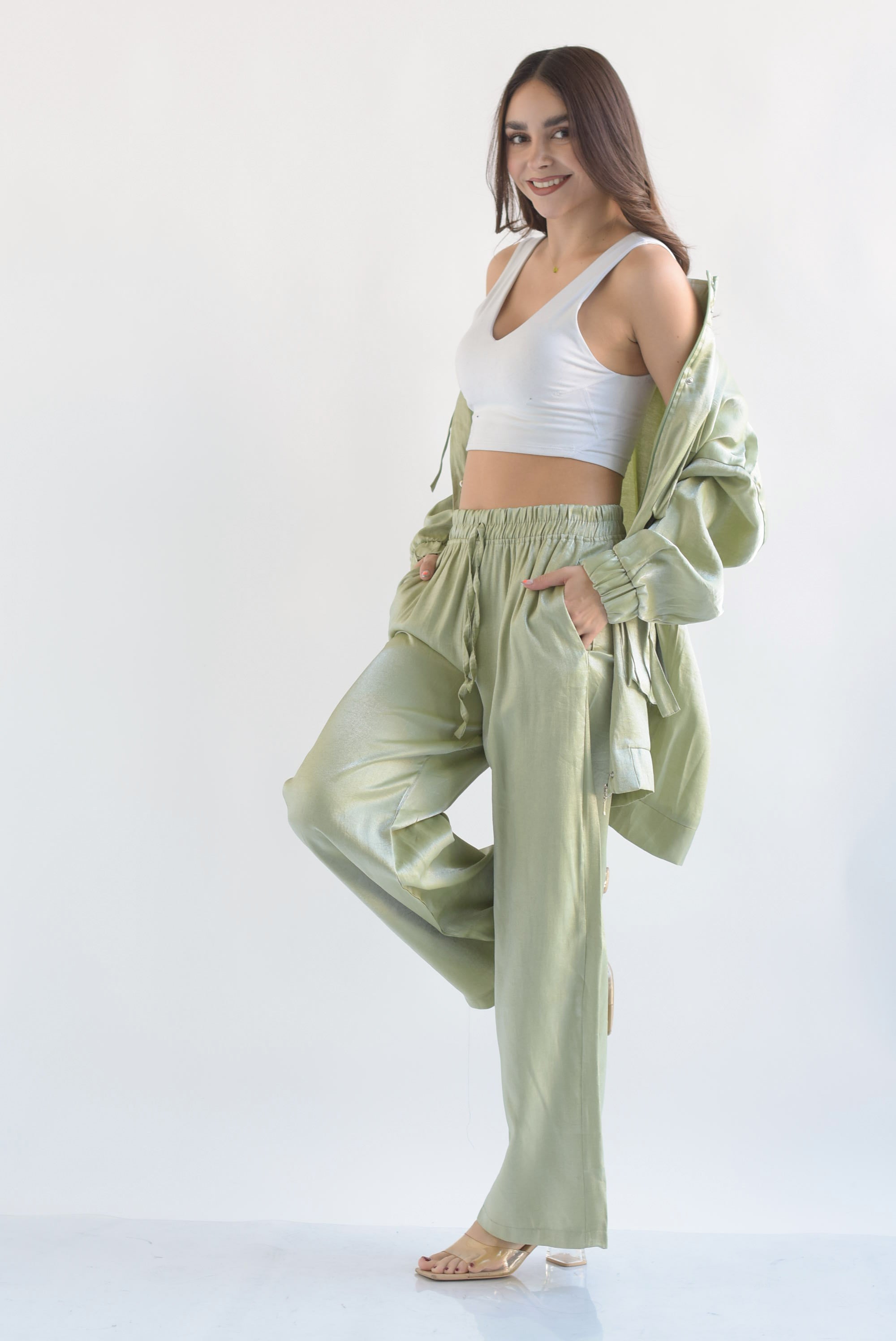 Set Pantalón y Chamarra cazadora satín Verde Lime