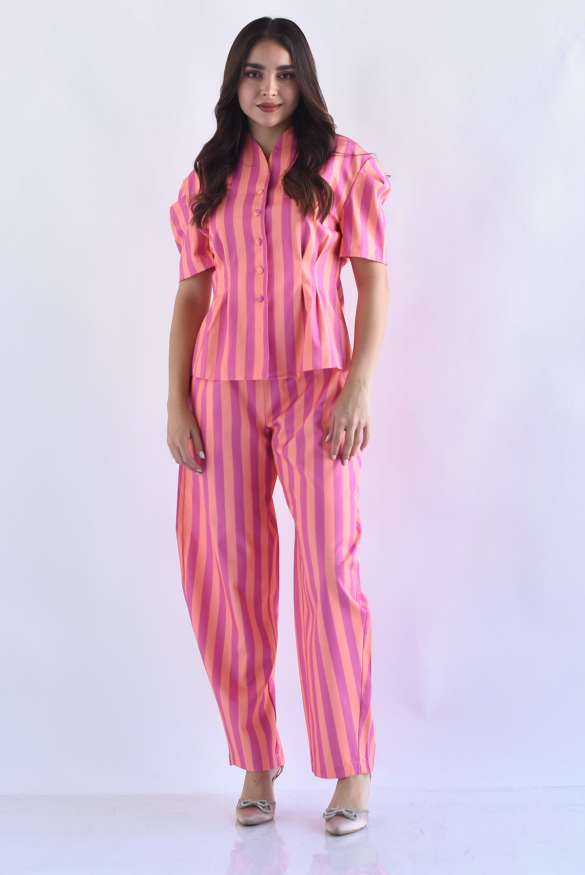 Set Pantalón barrel y Blusa peplum rayas bitono