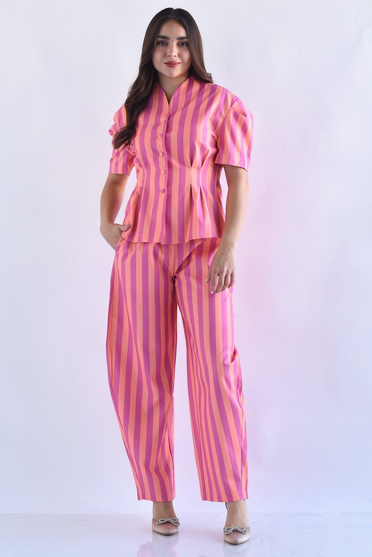 Set Pantalón barrel y Blusa peplum rayas bitono
