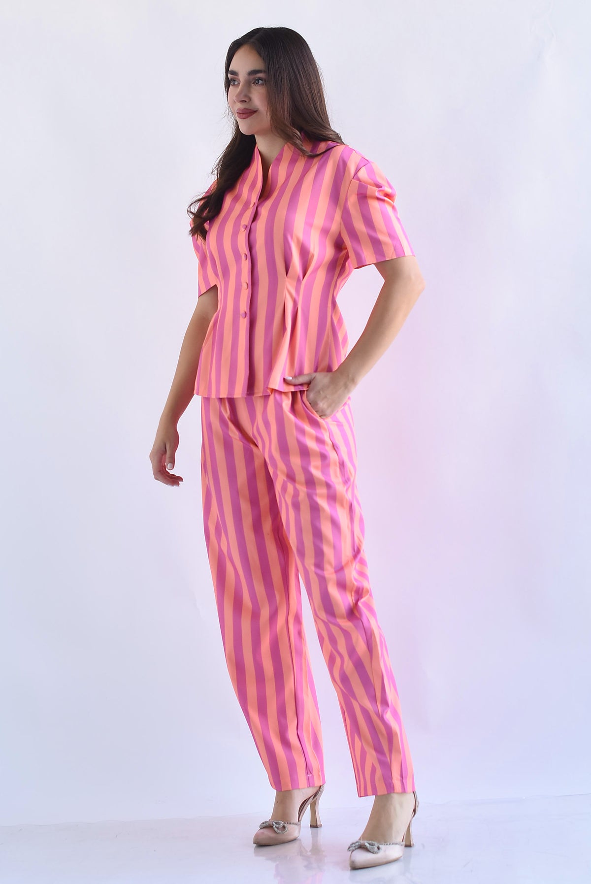 Set Pantalón barrel y Blusa peplum rayas bitono