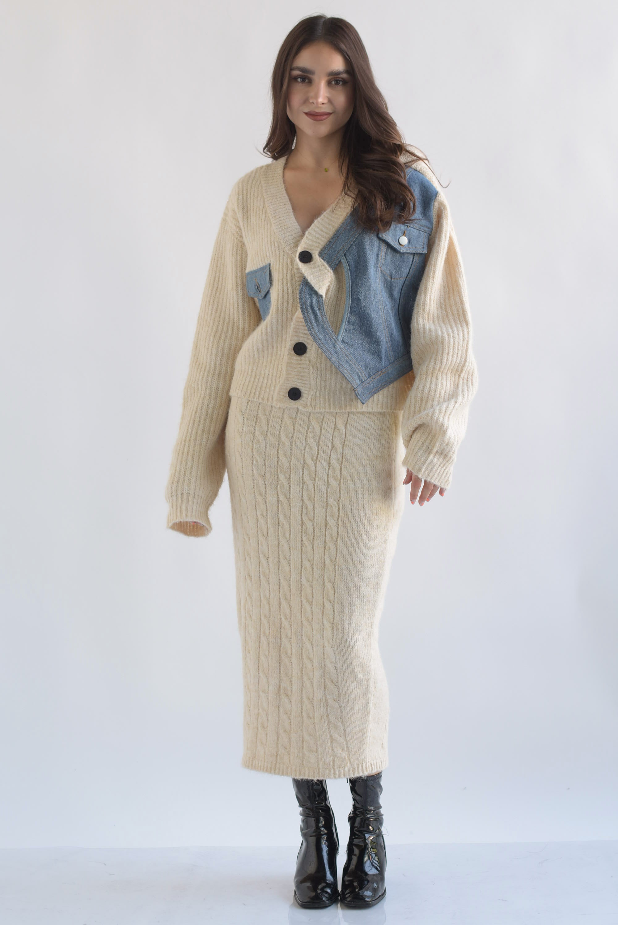 Set Falda y Cárdigan con denim punto Ivory