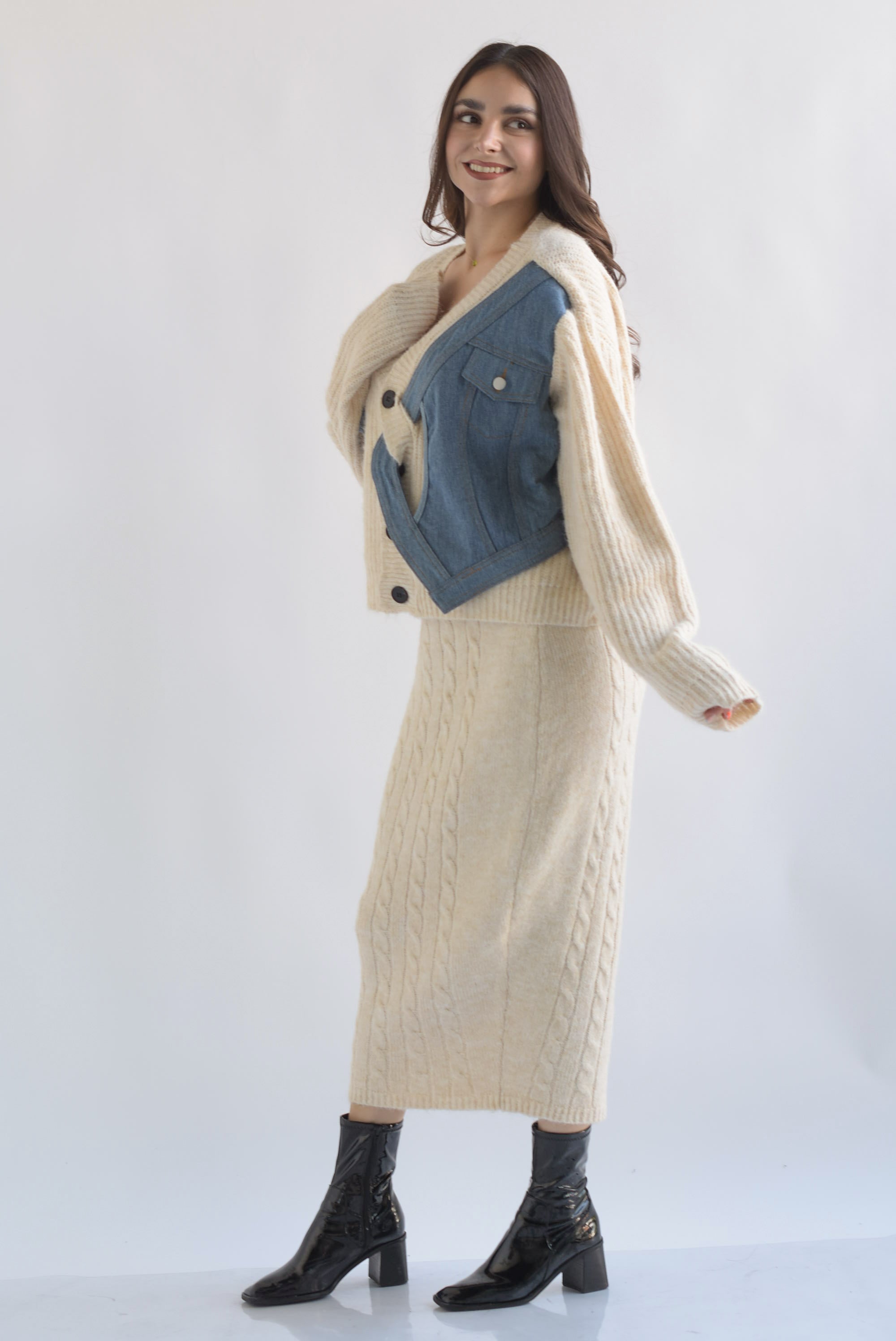 Set Falda y Cárdigan con denim punto Ivory