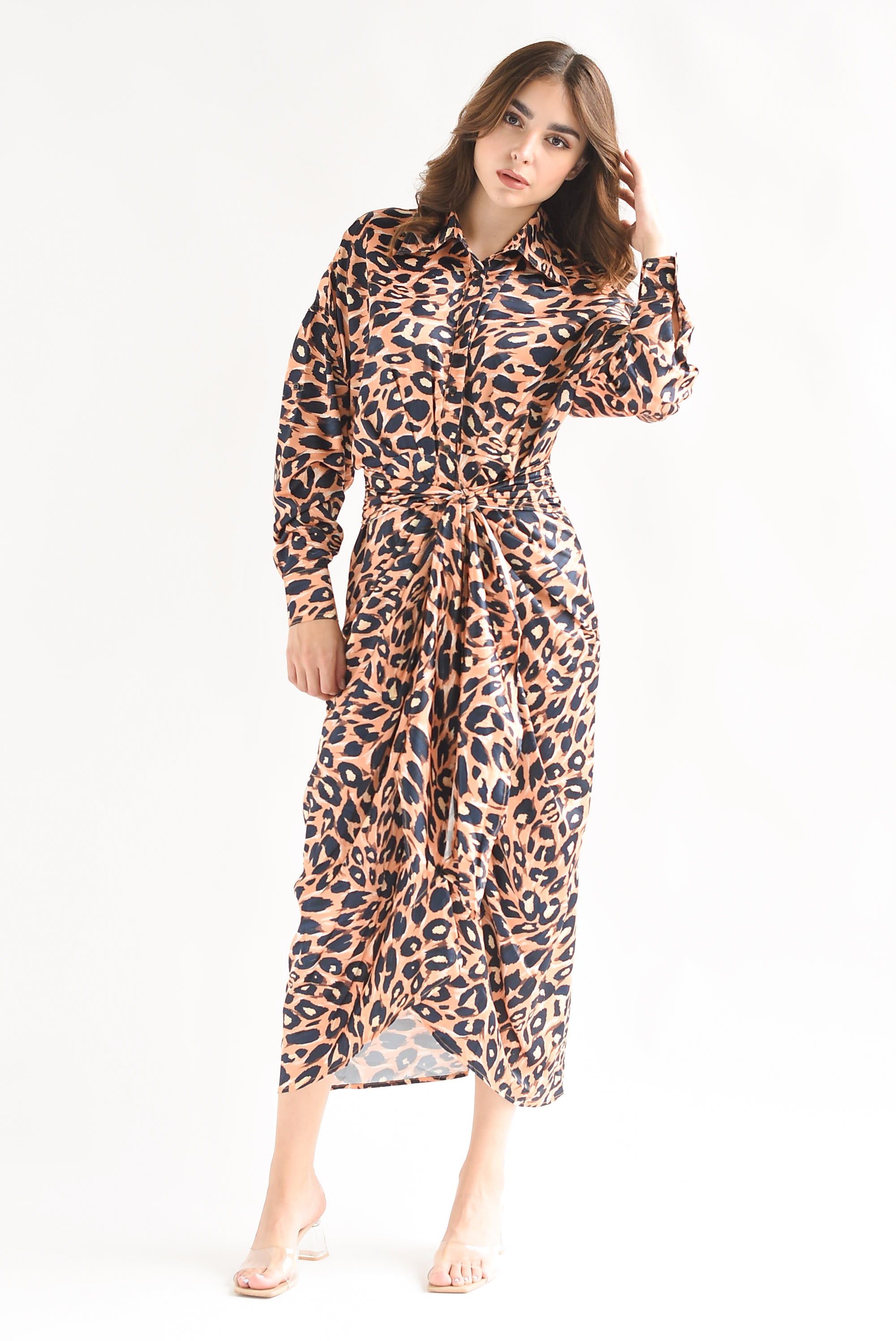 Vestido camisero drapeado Leopardo