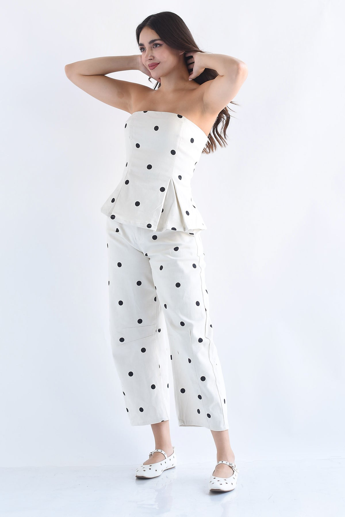 Set Jeans barrel y Top strapless peplum polka dots Denim