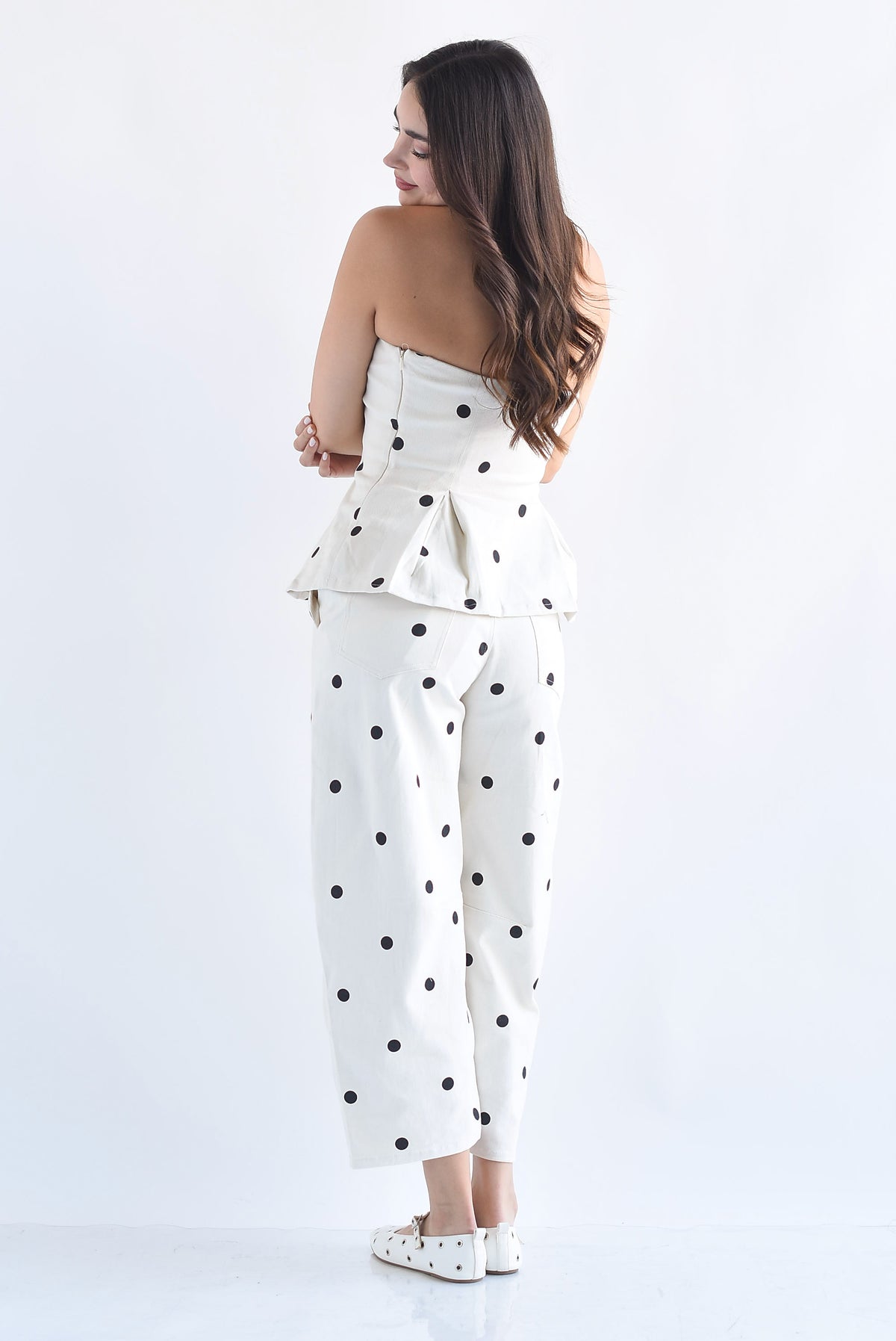 Set Jeans barrel y Top strapless peplum polka dots Denim