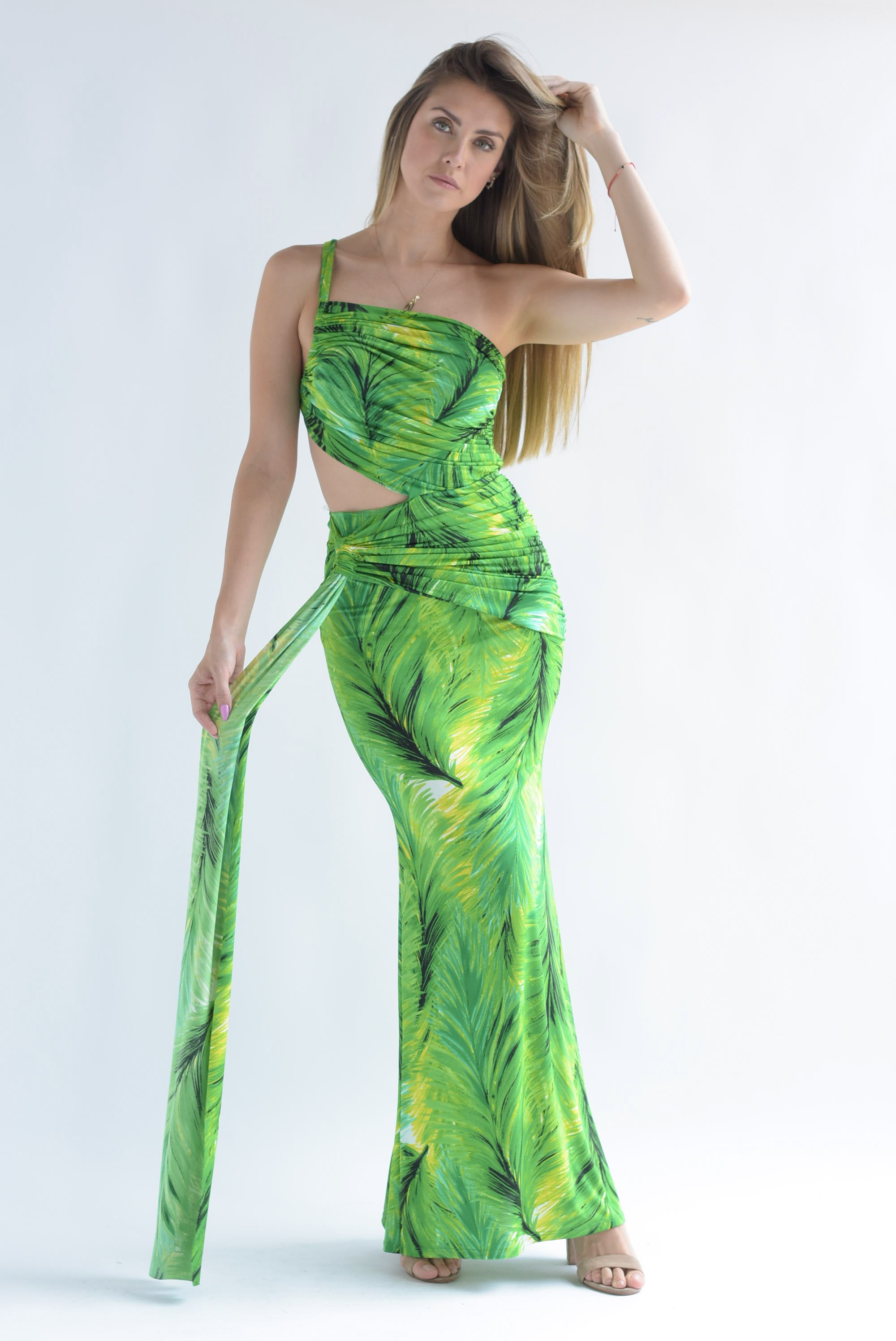 Vestido asimétrico cauda Tropical Verde