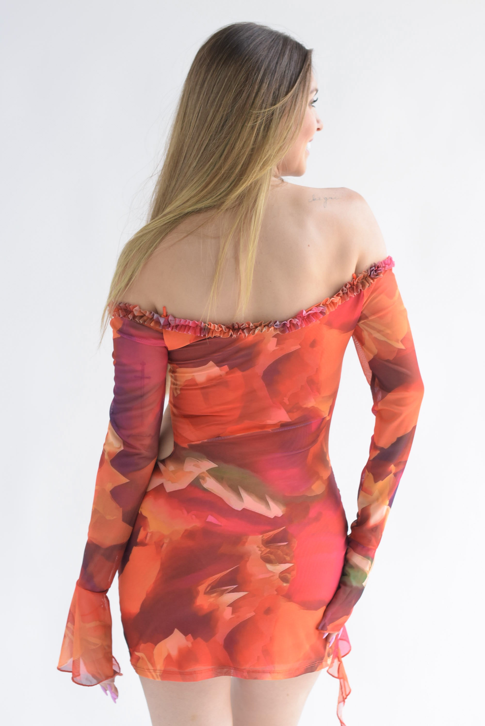 Blusa larga cut-out mesh flores Naranja