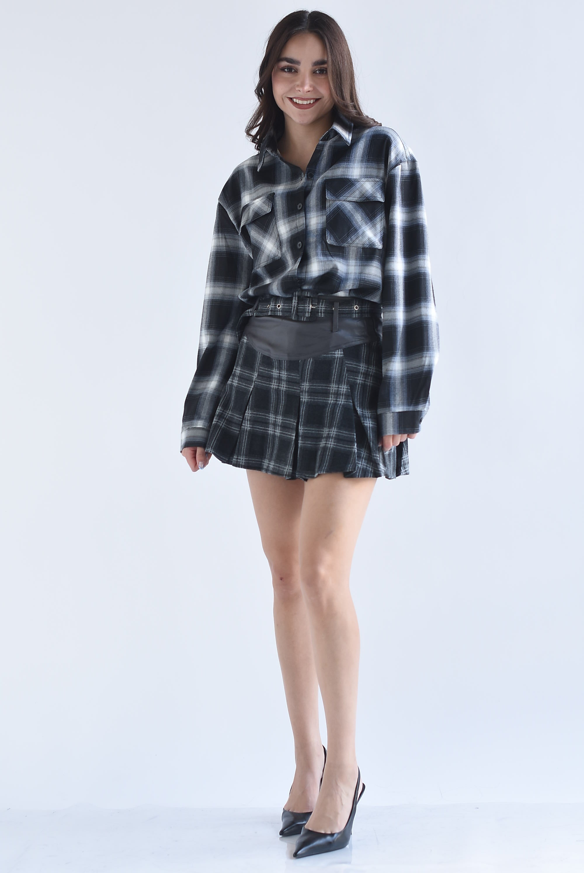 Falda tablas cuadros pretina vinipiel