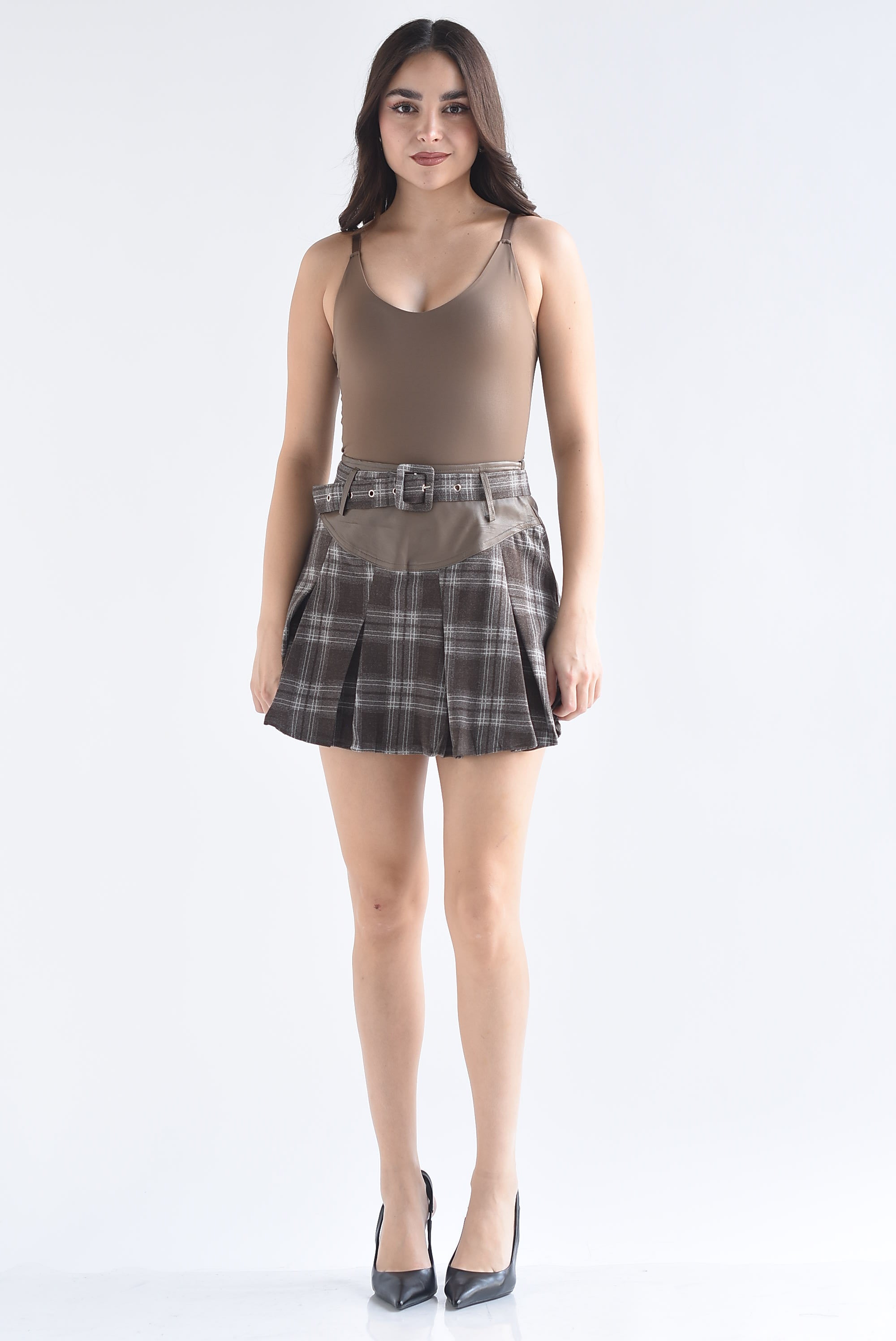 Falda tablas cuadros pretina vinipiel